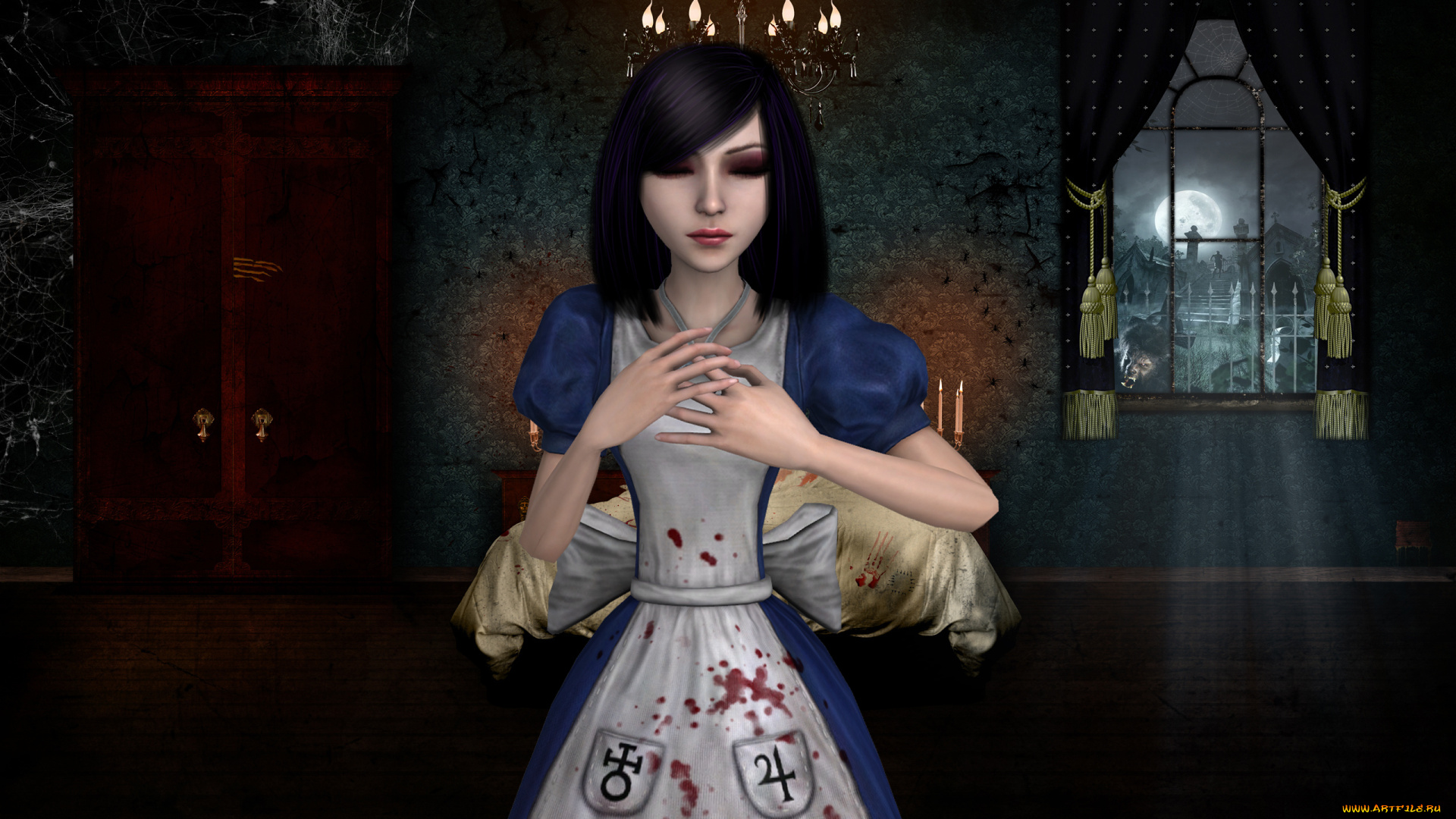 3д, графика, люди, , people, девушки, взгляд, свечи, окно, шторы, луна