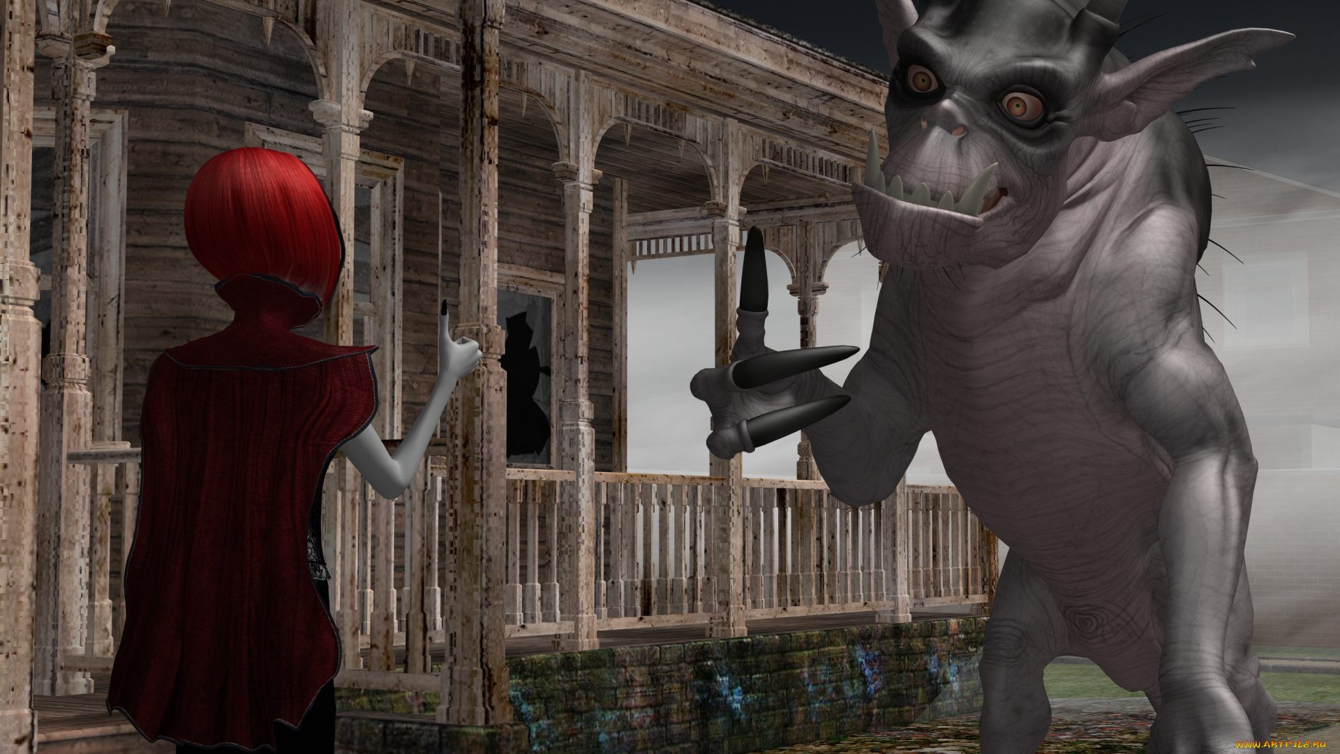 3д, графика, существа, , creatures, клыки, глаза, дом, улица, девушка, пасть, существо