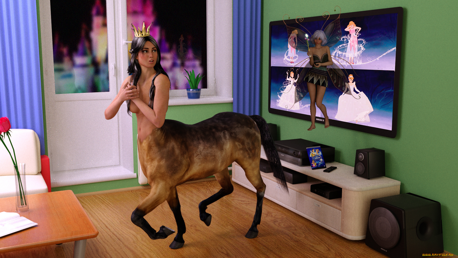 3д, графика, существа, , creatures, стул, стол, взгляд, кентавр, картина, шторы, колонки, дверь, комната, цветы, ваза