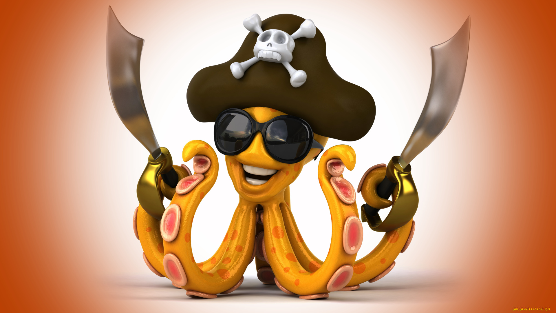 3д, графика, юмор, , humor, восьминог, сабли, пират, очки, шляпа