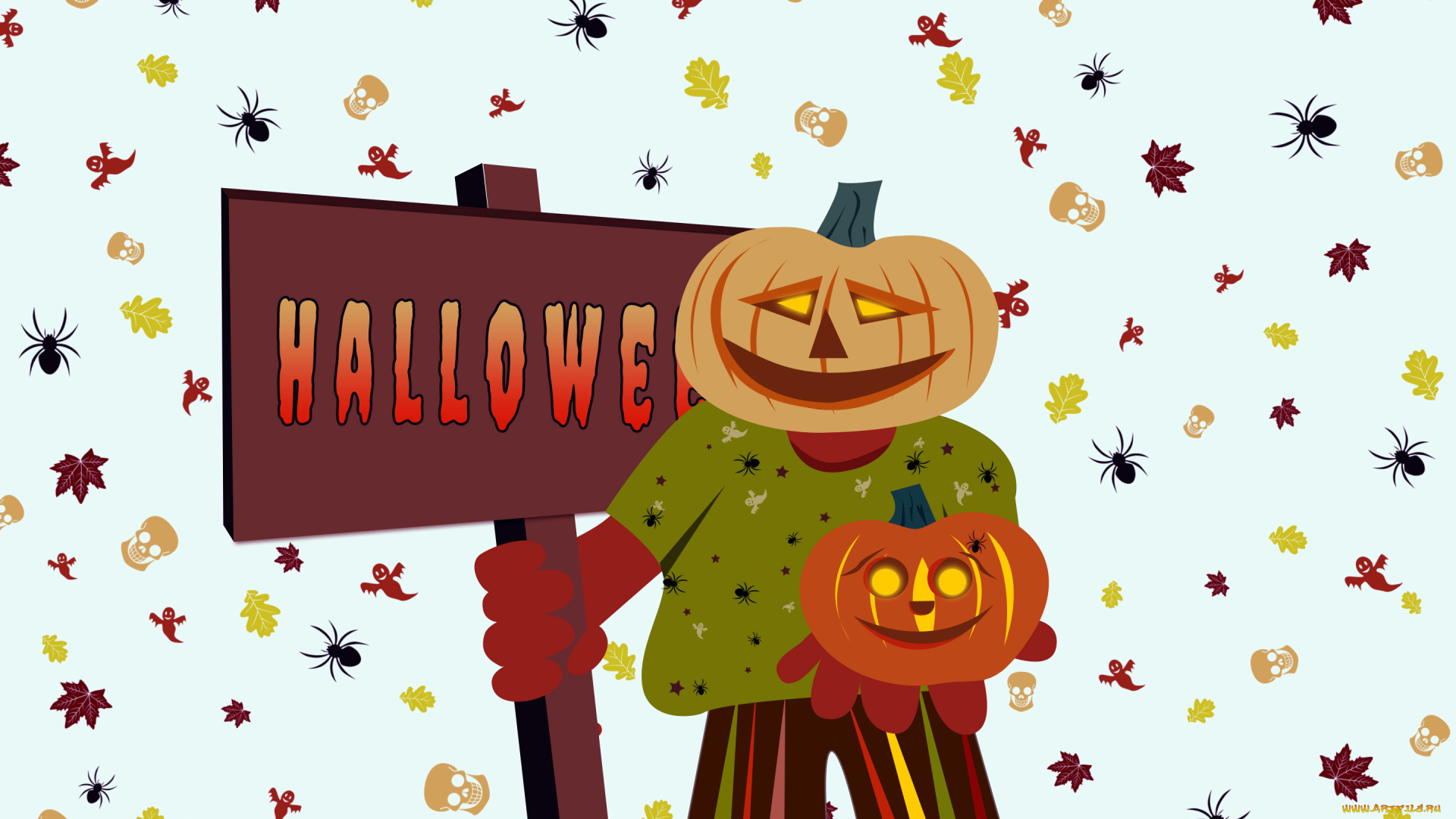 праздничные, хэллоуин, тыква, пауки, листья, привидение