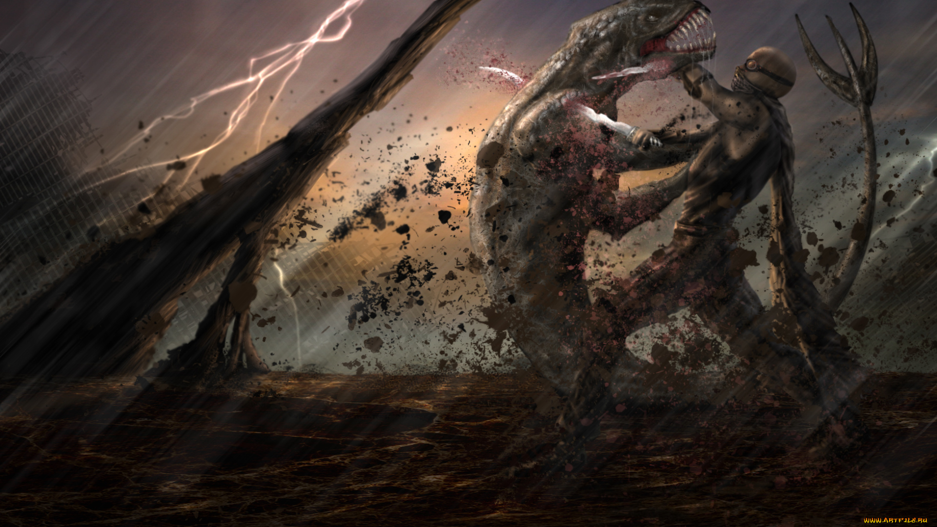 riddick, рисованное, кино, арт, гроза, пасть, оружие, схватка, монстр