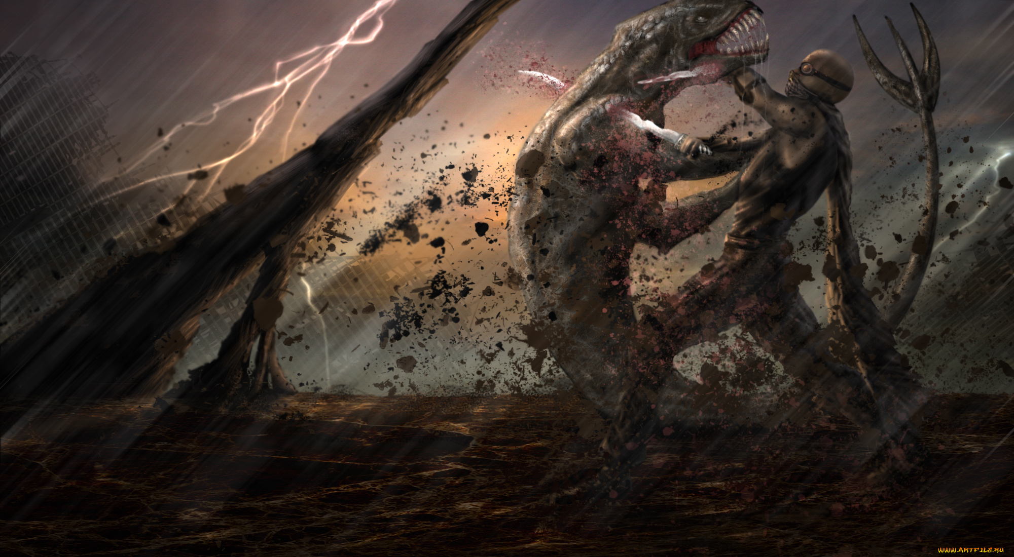 riddick, рисованное, кино, арт, гроза, пасть, оружие, схватка, монстр