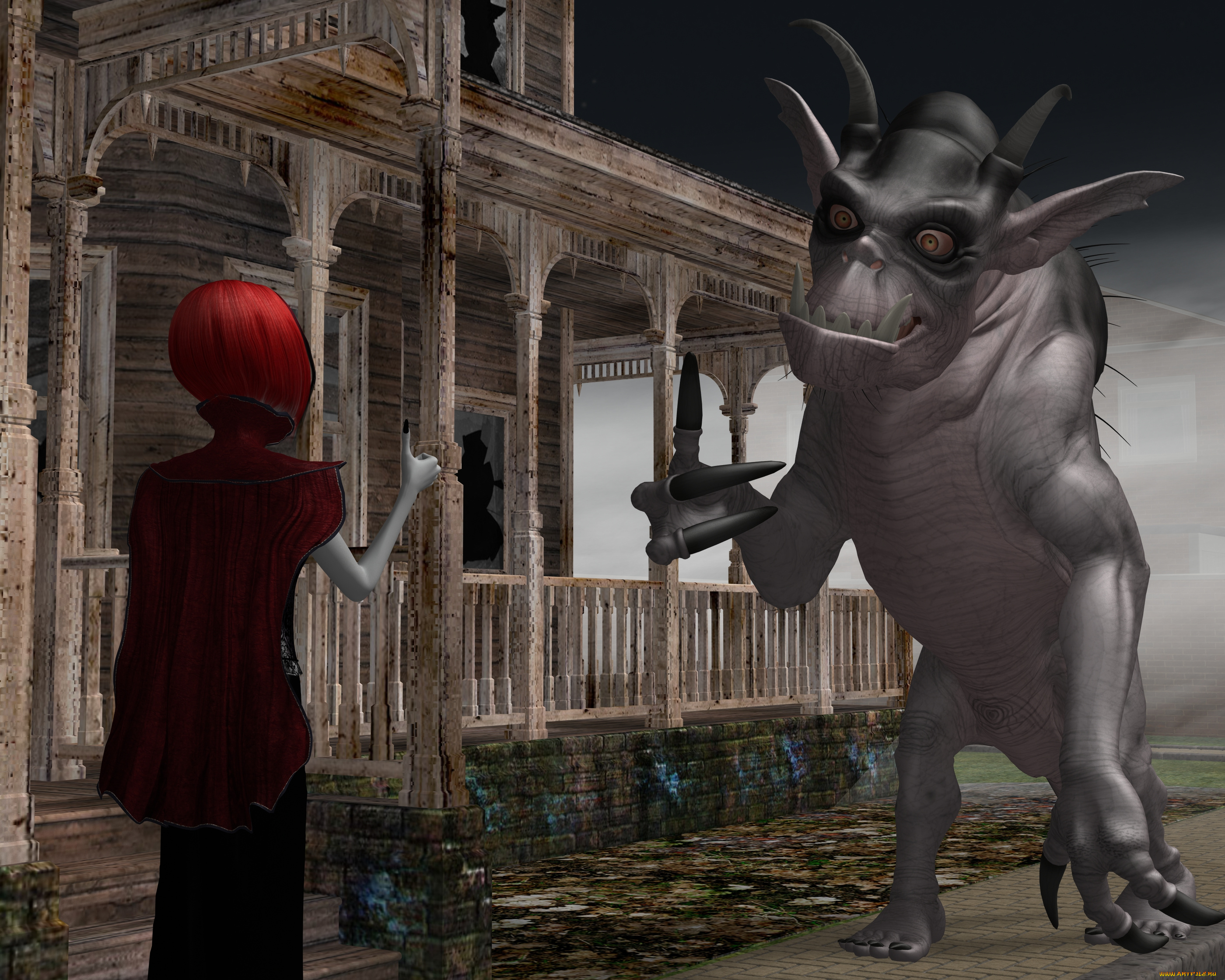 3д, графика, существа, , creatures, клыки, глаза, дом, улица, девушка, пасть, существо