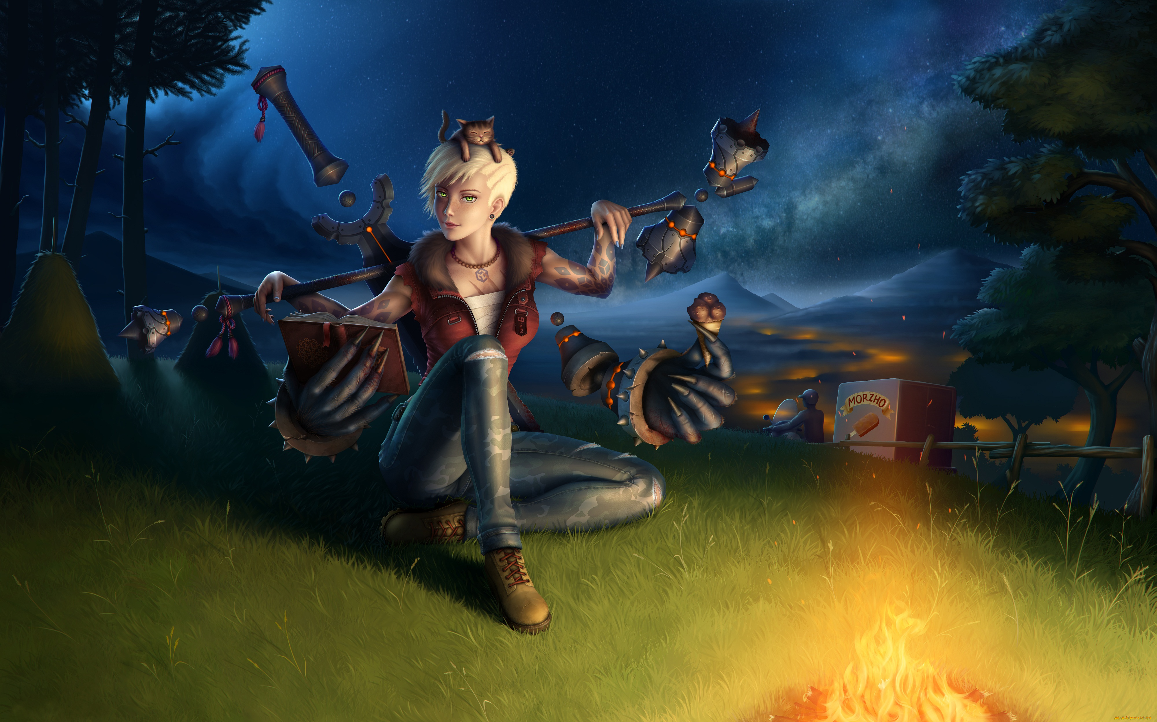 фэнтези, девушки, девушка, магия, вечер, костер, поляна, трава, котенок, горы, книга