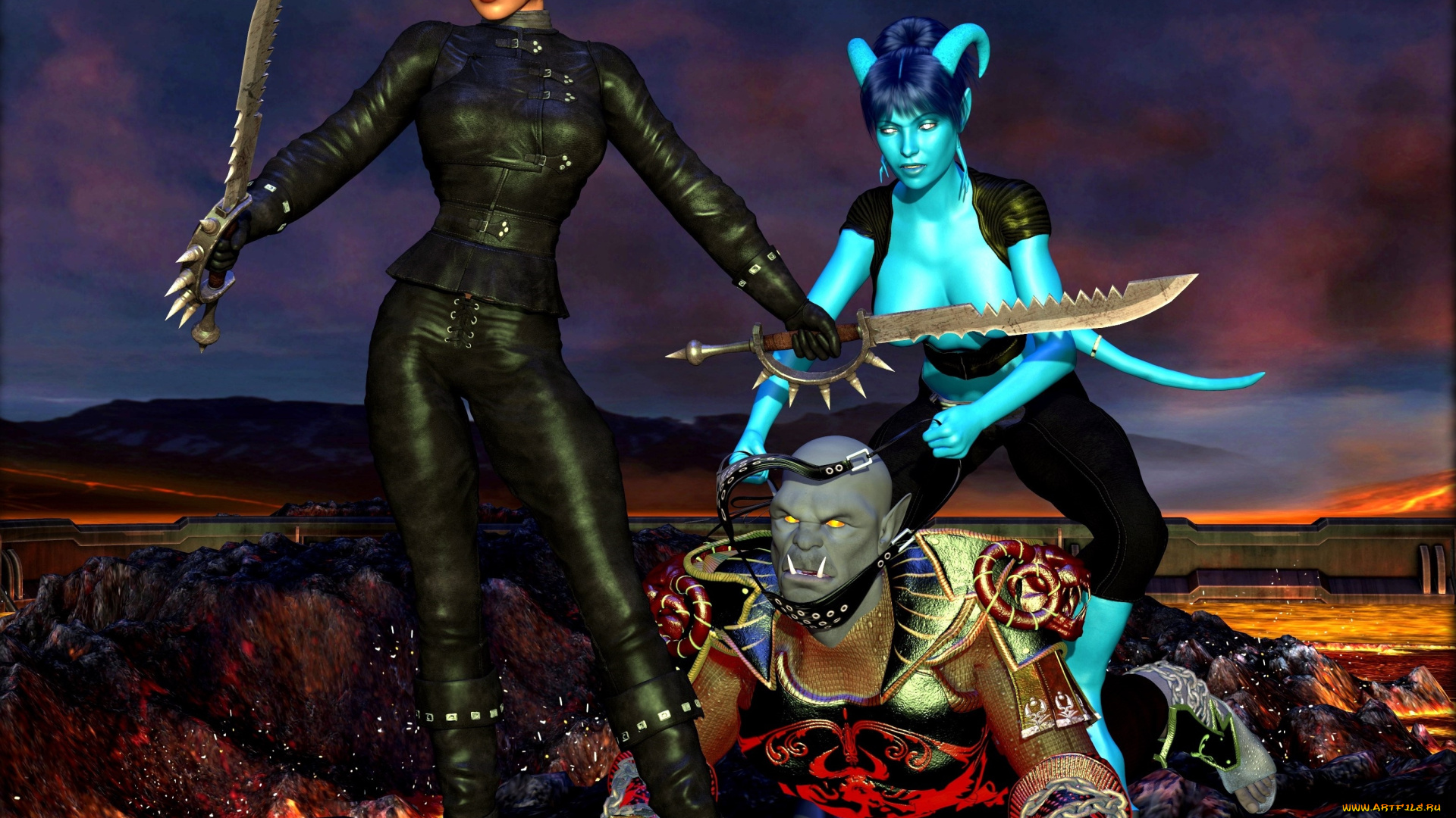 3д, графика, фантазия, , fantasy, существа, оружие, фон, взгляд, девушка