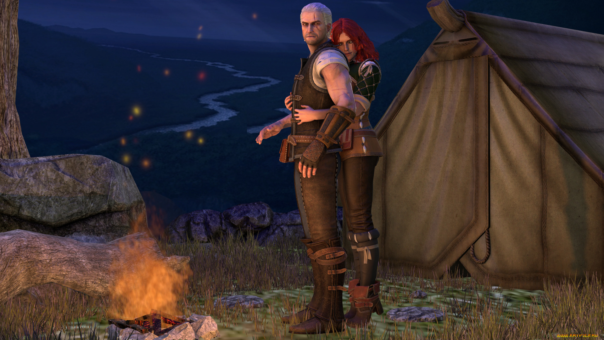 3д, графика, люди, , people, мужчина, фон, взгляд, река, палатка, ночь, костер, девушка