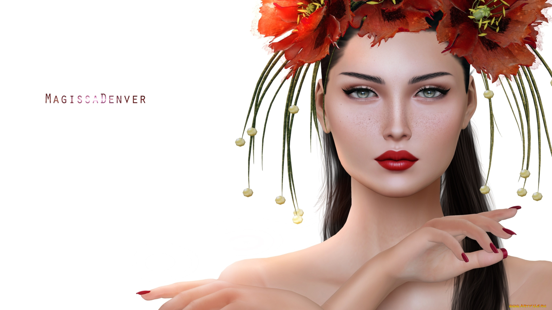 3д, графика, портрет, , portraits, портрет, маки, лицо, венок, брюнетка, девушка