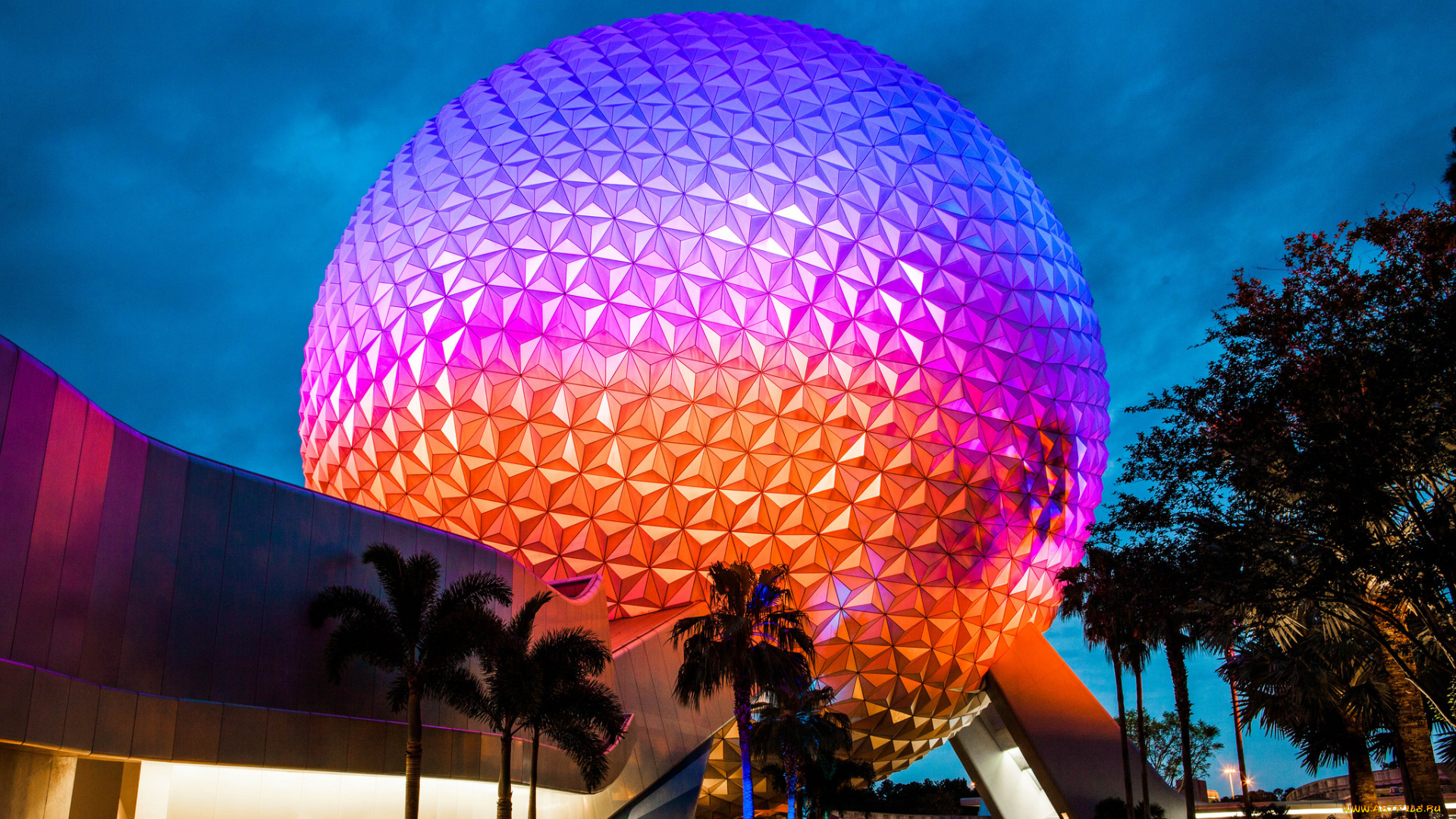 города, диснейленд, шар, огни, город, ночь