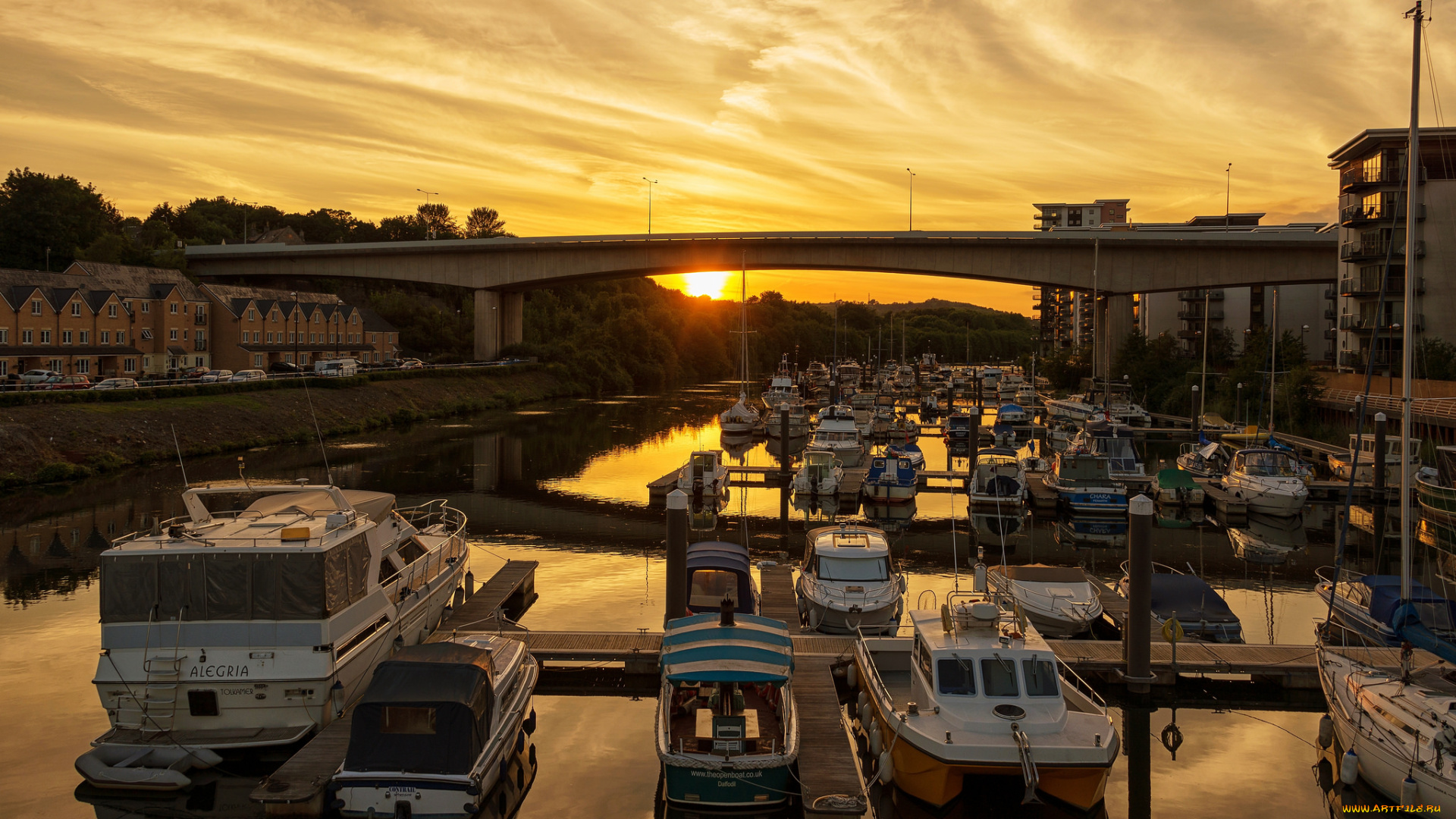 корабли, порты, , , причалы, мост, река, закат