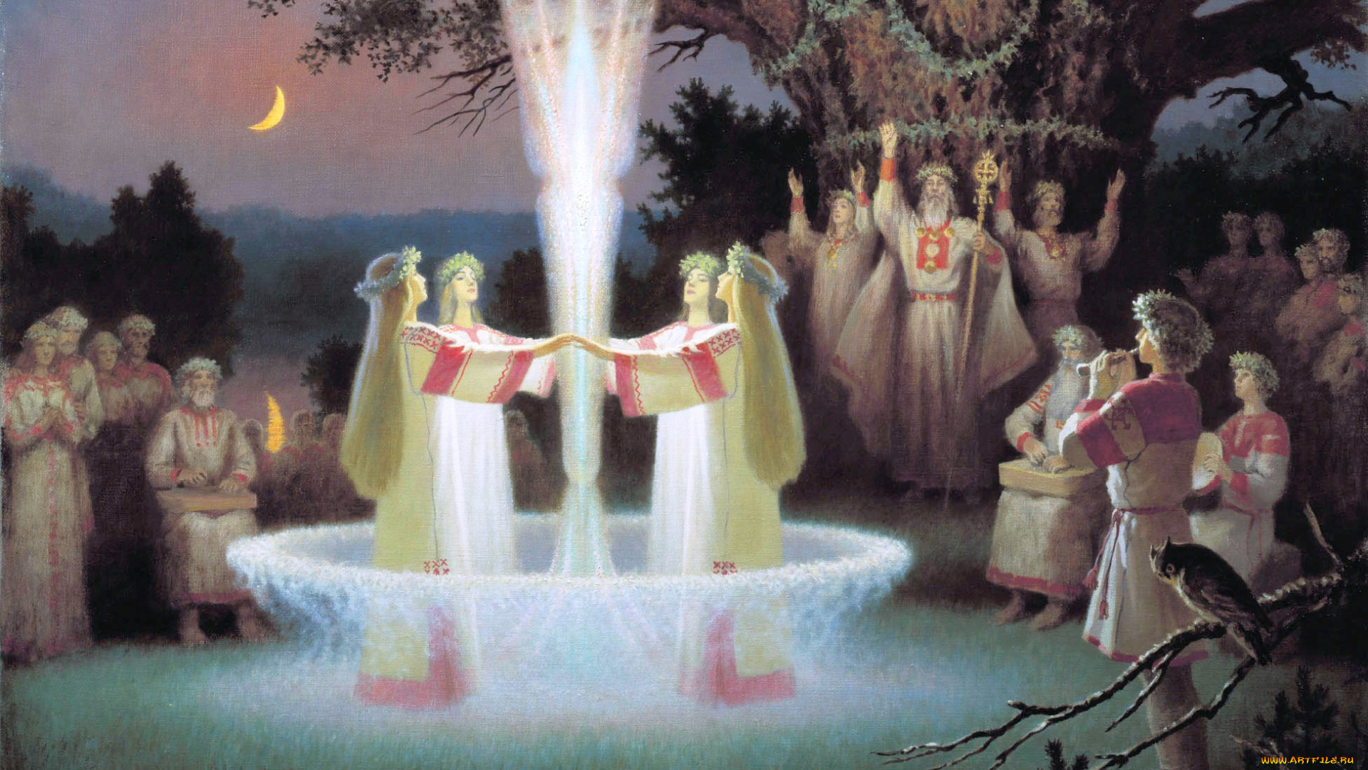 ночь, на, ивана, купалу, рисованное, борис, ольшанский, гуляния, славяне, праздник, люди