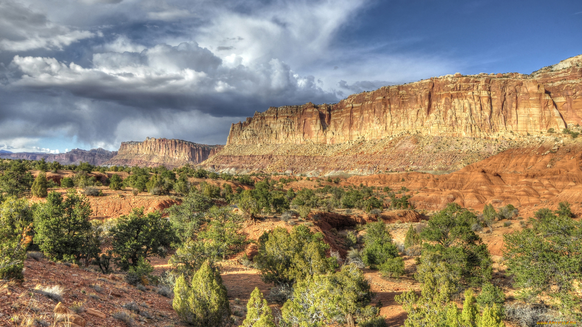 природа, горы, скалы, тучи, деревья