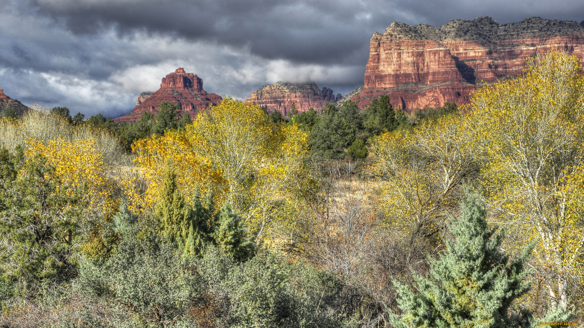природа, горы, тучи, скалы, деревья