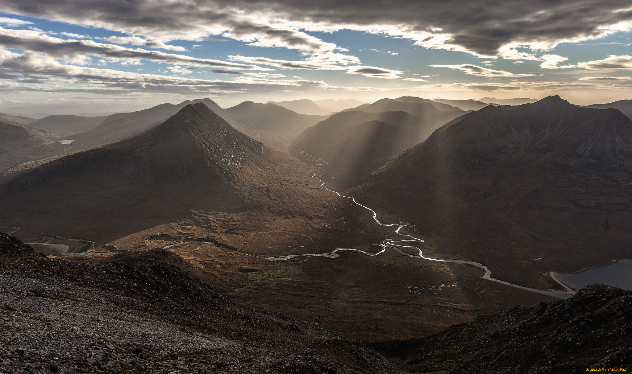 природа, реки, озера, река, склоны, лучи, горы