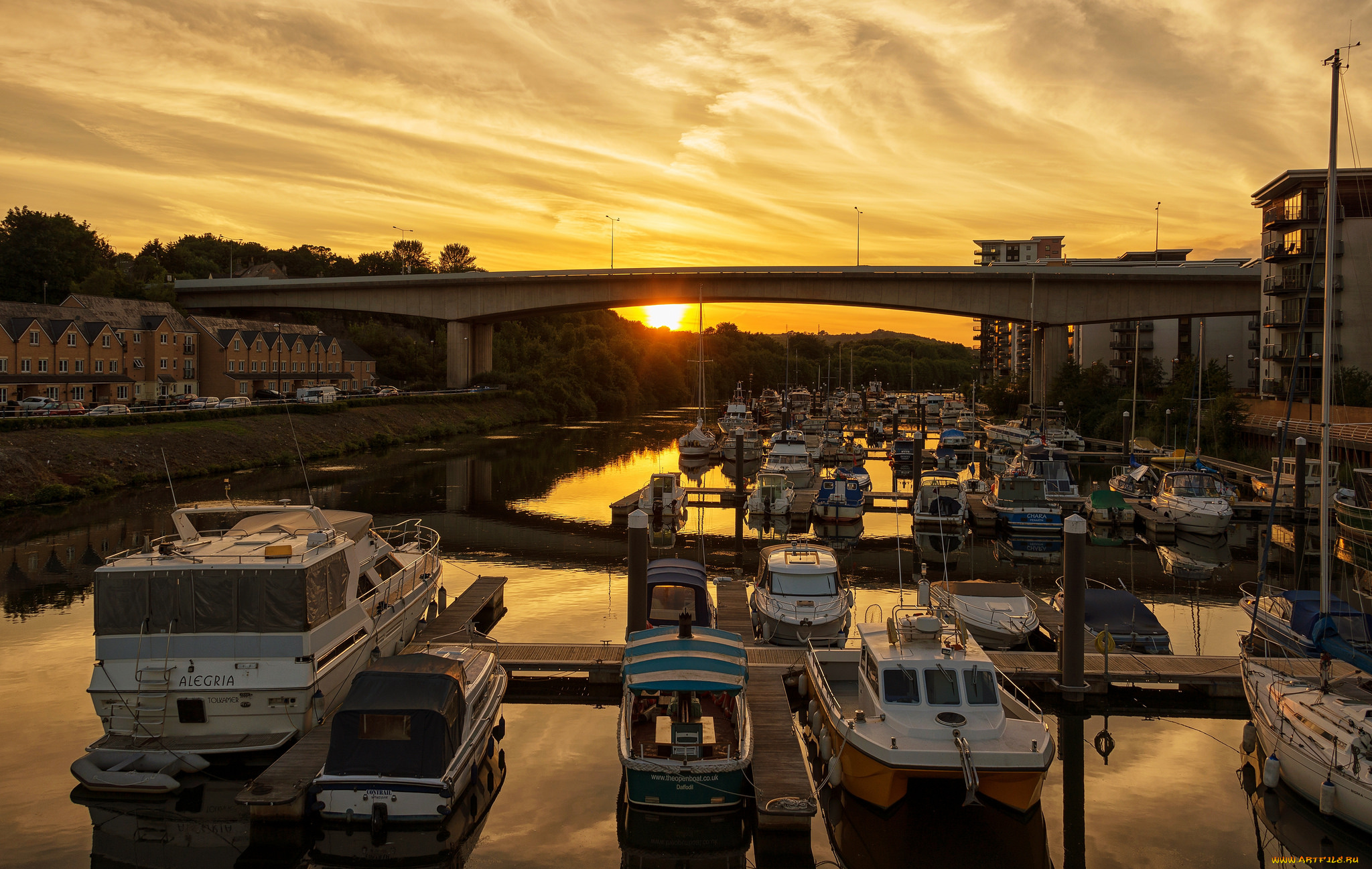 корабли, порты, , , причалы, мост, река, закат