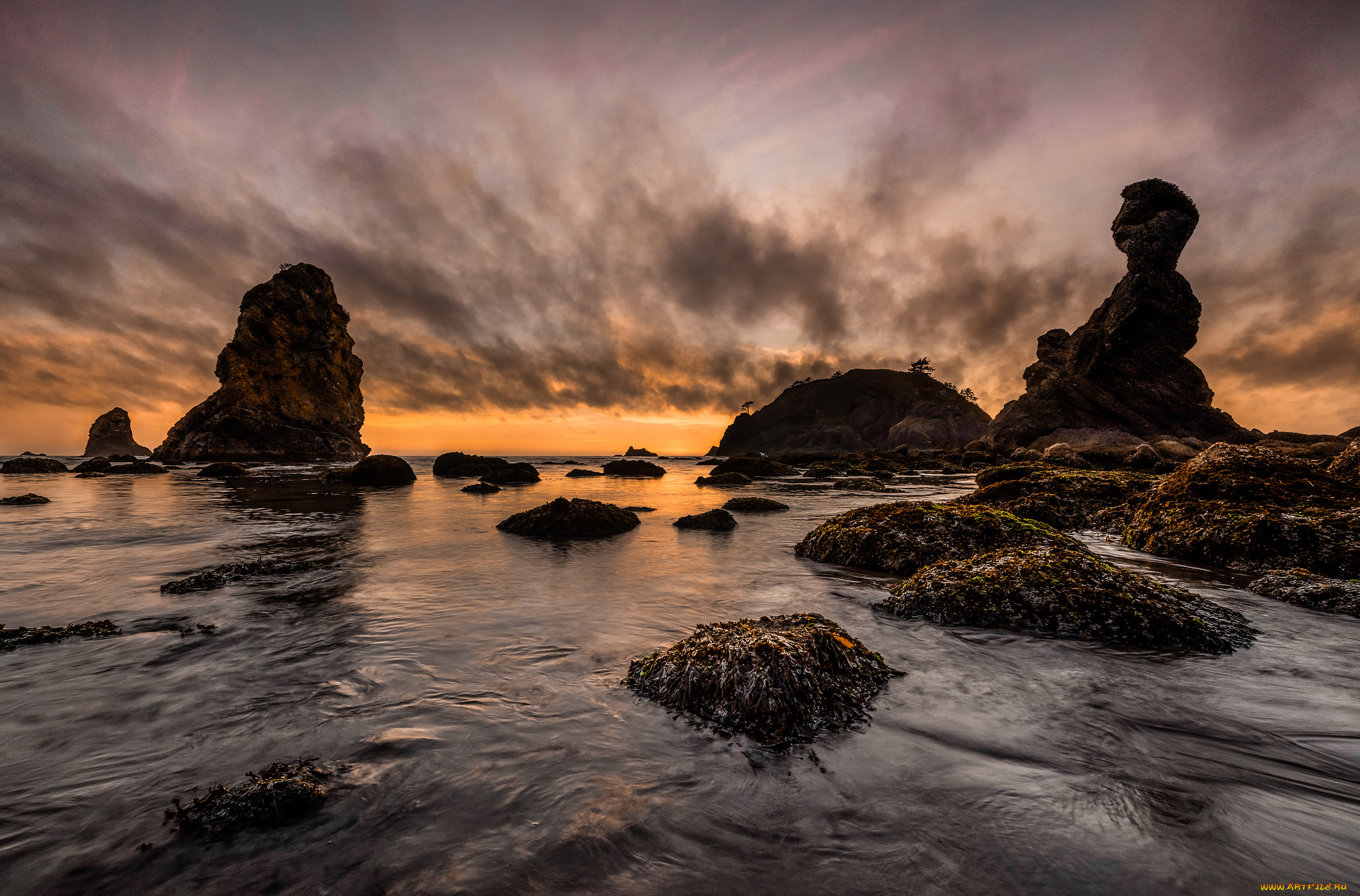 природа, побережье, сумрак, скалы, океан