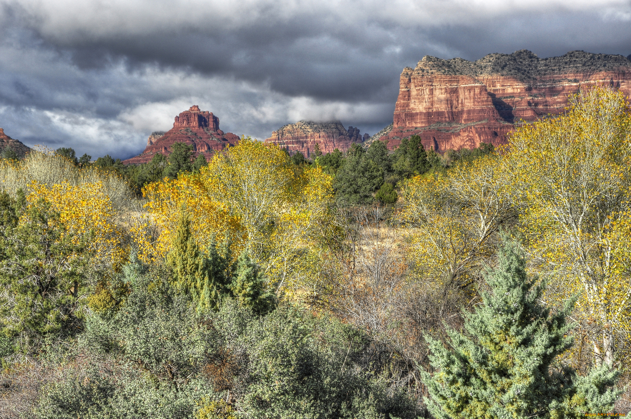 природа, горы, тучи, скалы, деревья