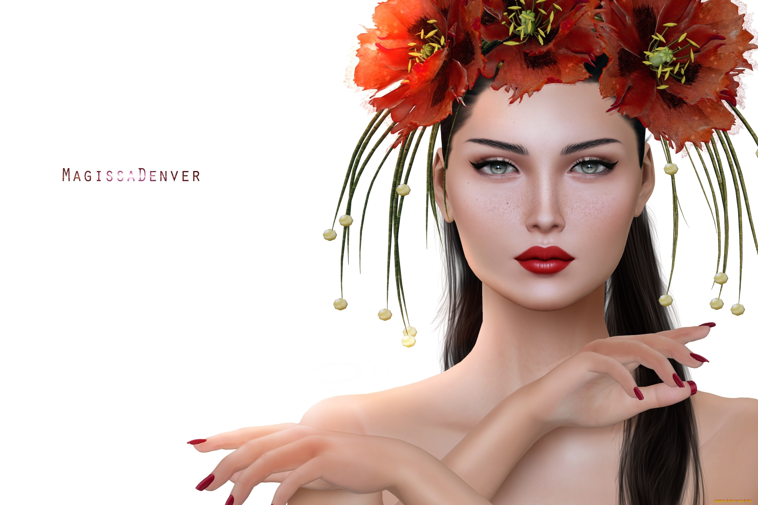 3д, графика, портрет, , portraits, портрет, маки, лицо, венок, брюнетка, девушка