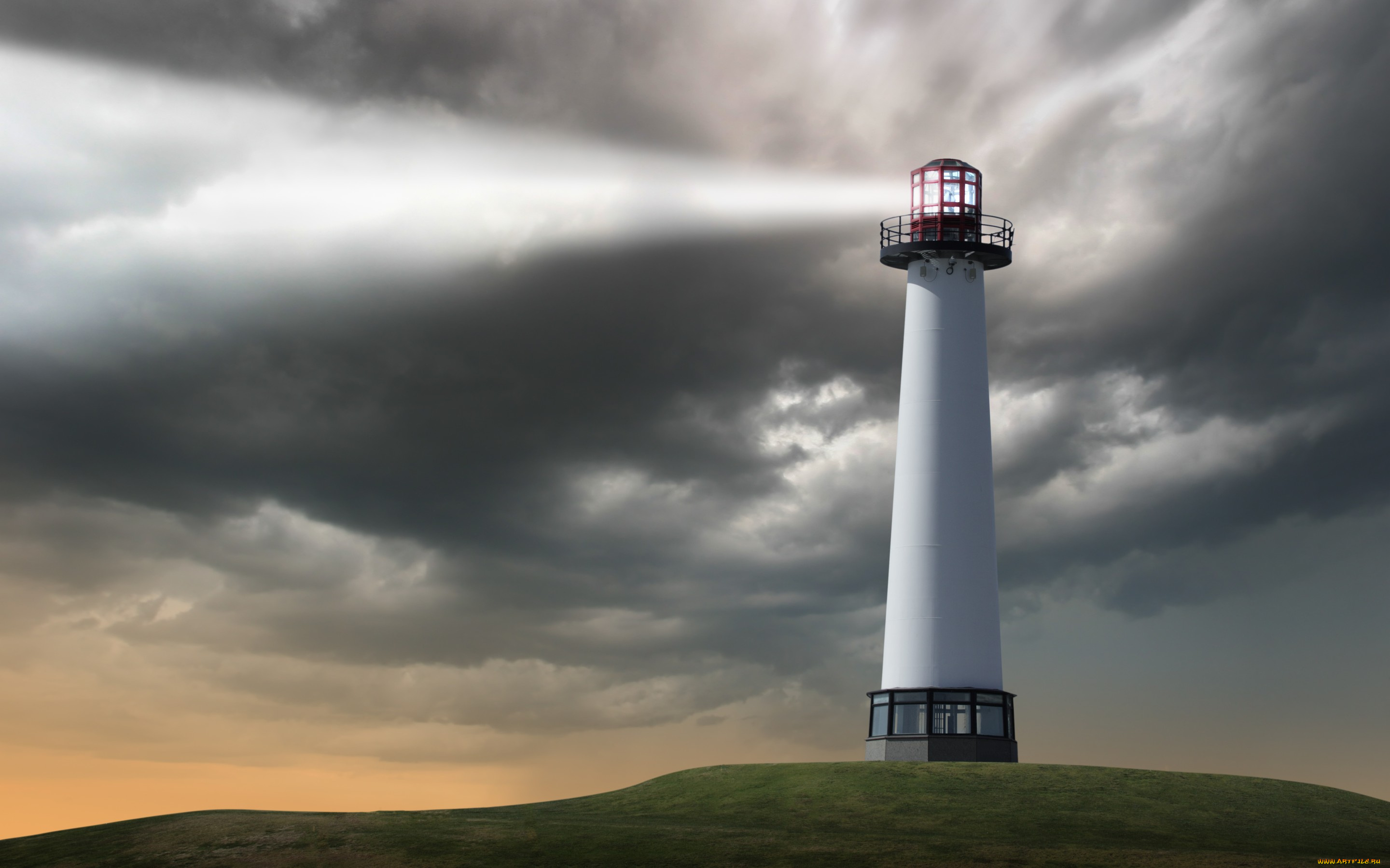 природа, маяки, маяк, холм, вечер, тучи, небо, закат, луч, прожектор