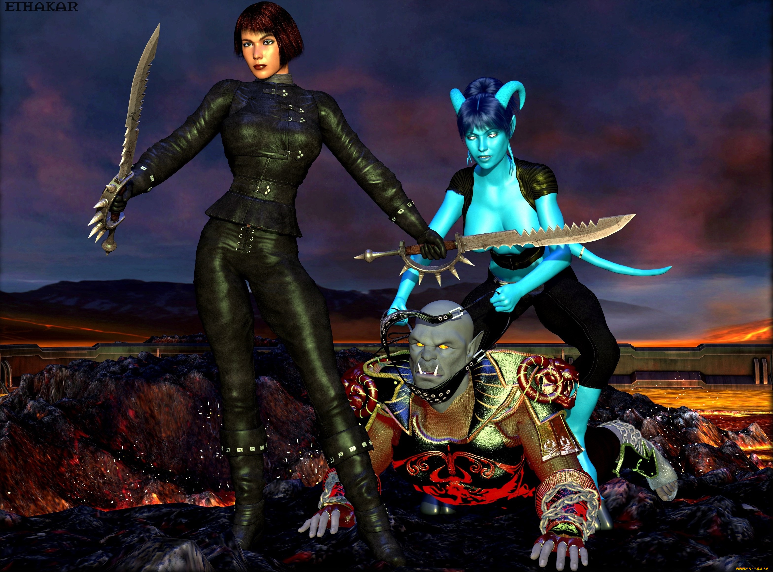 3д, графика, фантазия, , fantasy, существа, оружие, фон, взгляд, девушка