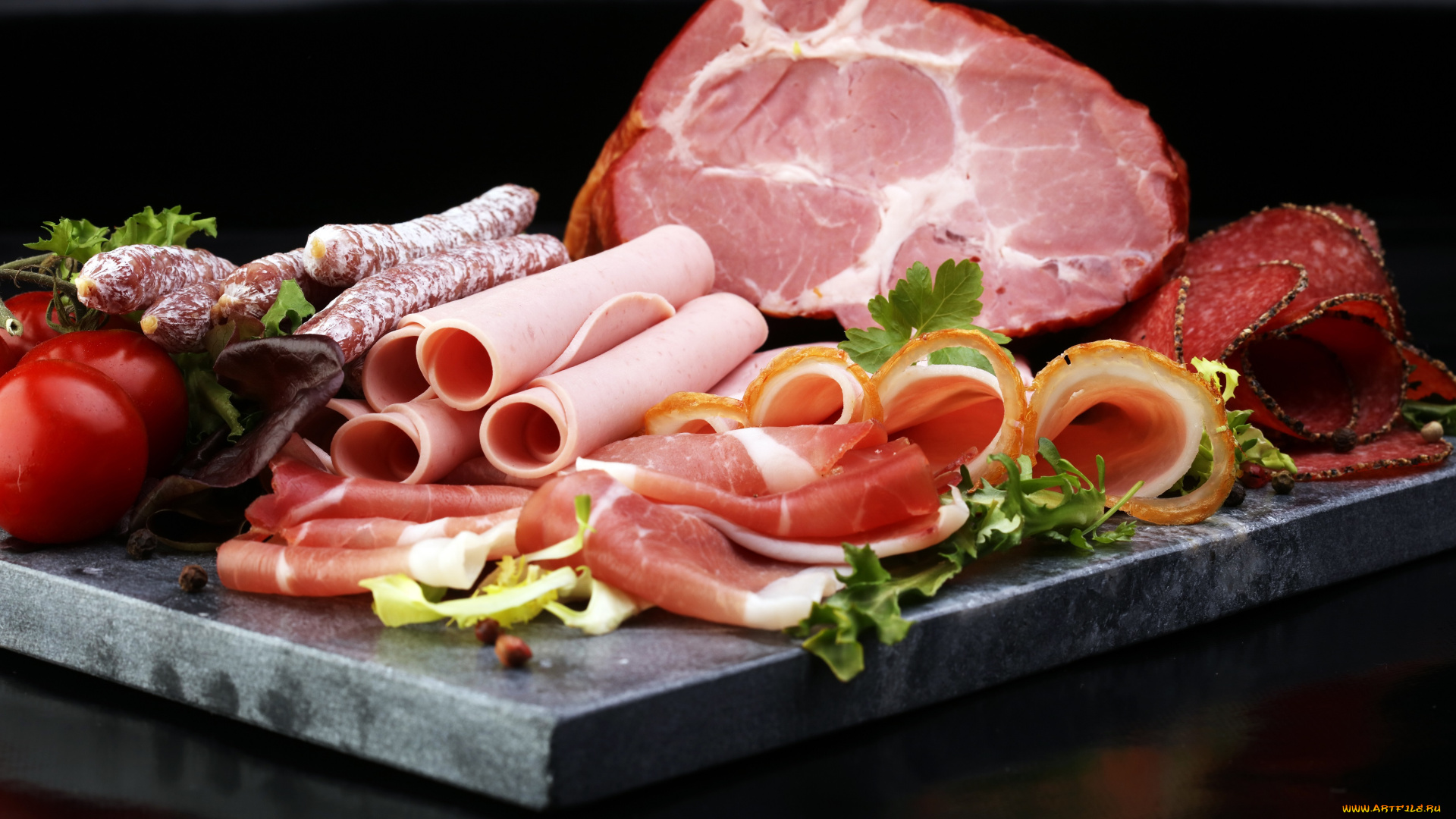 еда, колбасные, изделия, мясная, нарезка, зелень, помидор