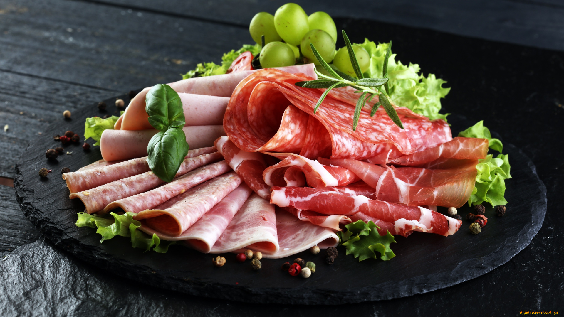 еда, колбасные, изделия, мясная, нарезка, зелень, виноград