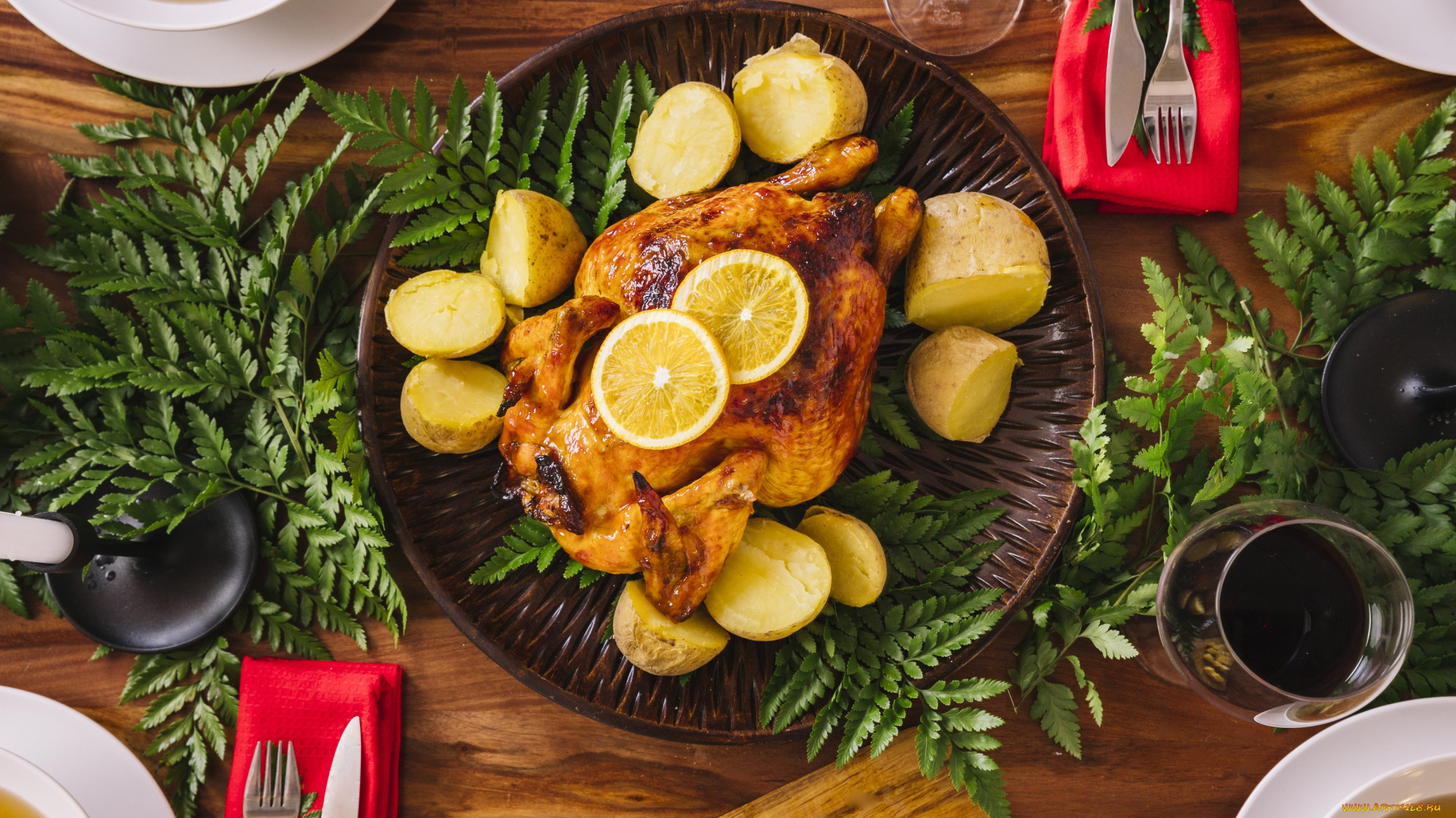 еда, мясные, блюда, столовые, приборы, запеченная, курица, картофель