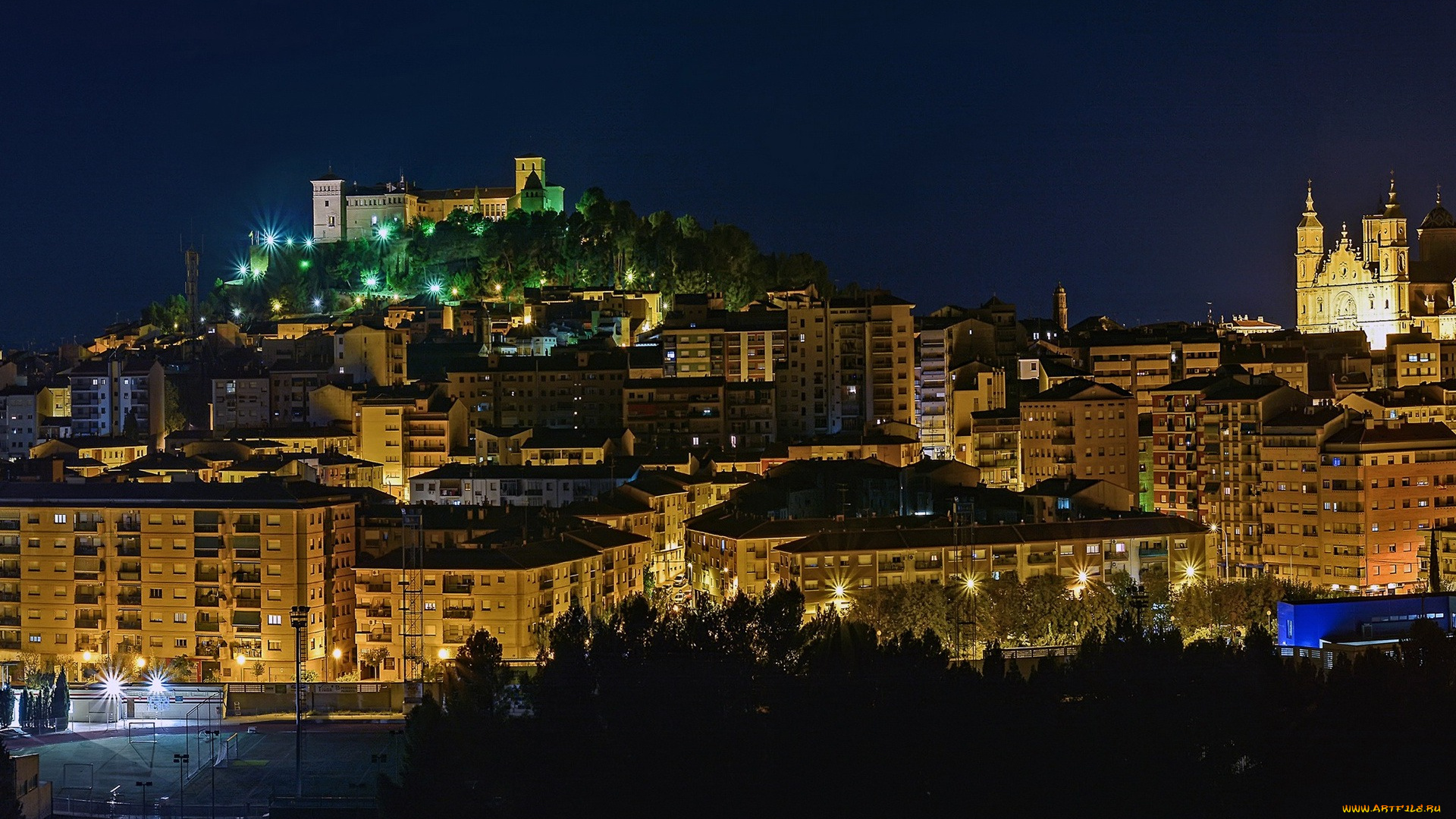 города, -, огни, ночного, города, огни, ночь, фонари, aragon, испания, дома, деревья, alcaniz