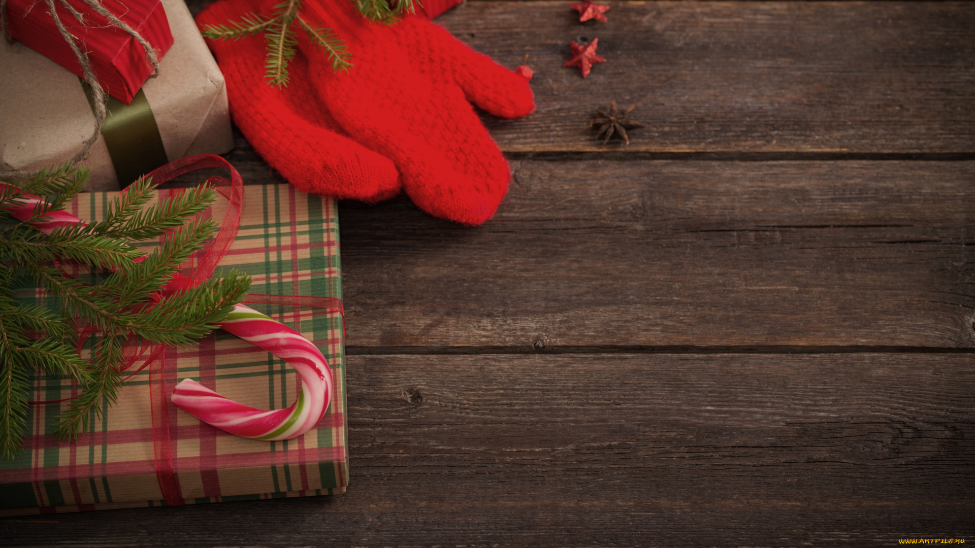 праздничные, подарки, и, коробочки, новый, год, ветка, ели, варежка, подарок, праздиник