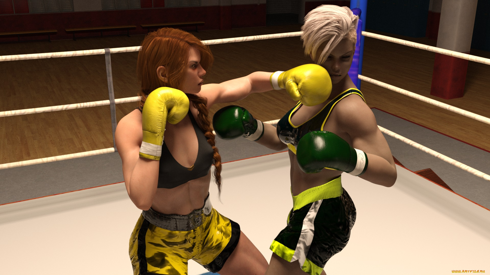 3д, графика, спорт, , sport, бокс, ринг, фон, взгляд, девушки
