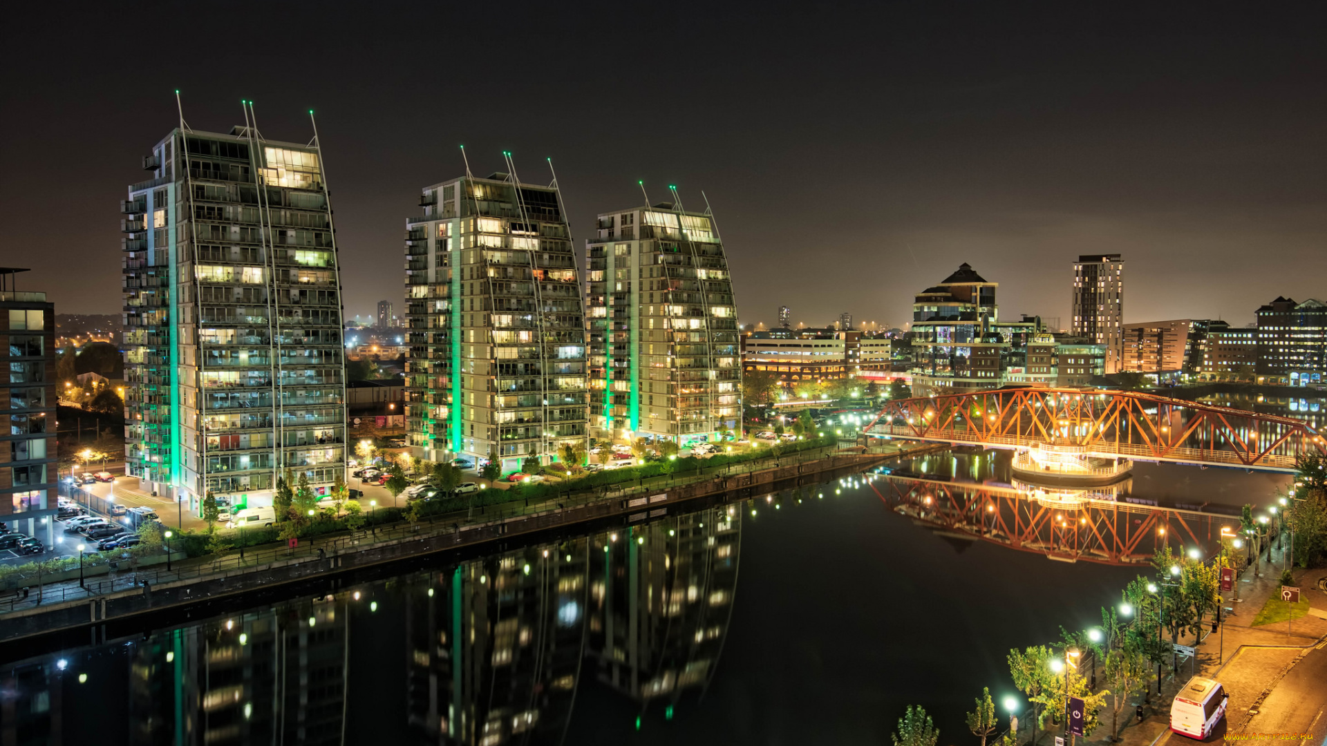 huron, basin, -, salford, quays, города, -, огни, ночного, города, огни, ночь