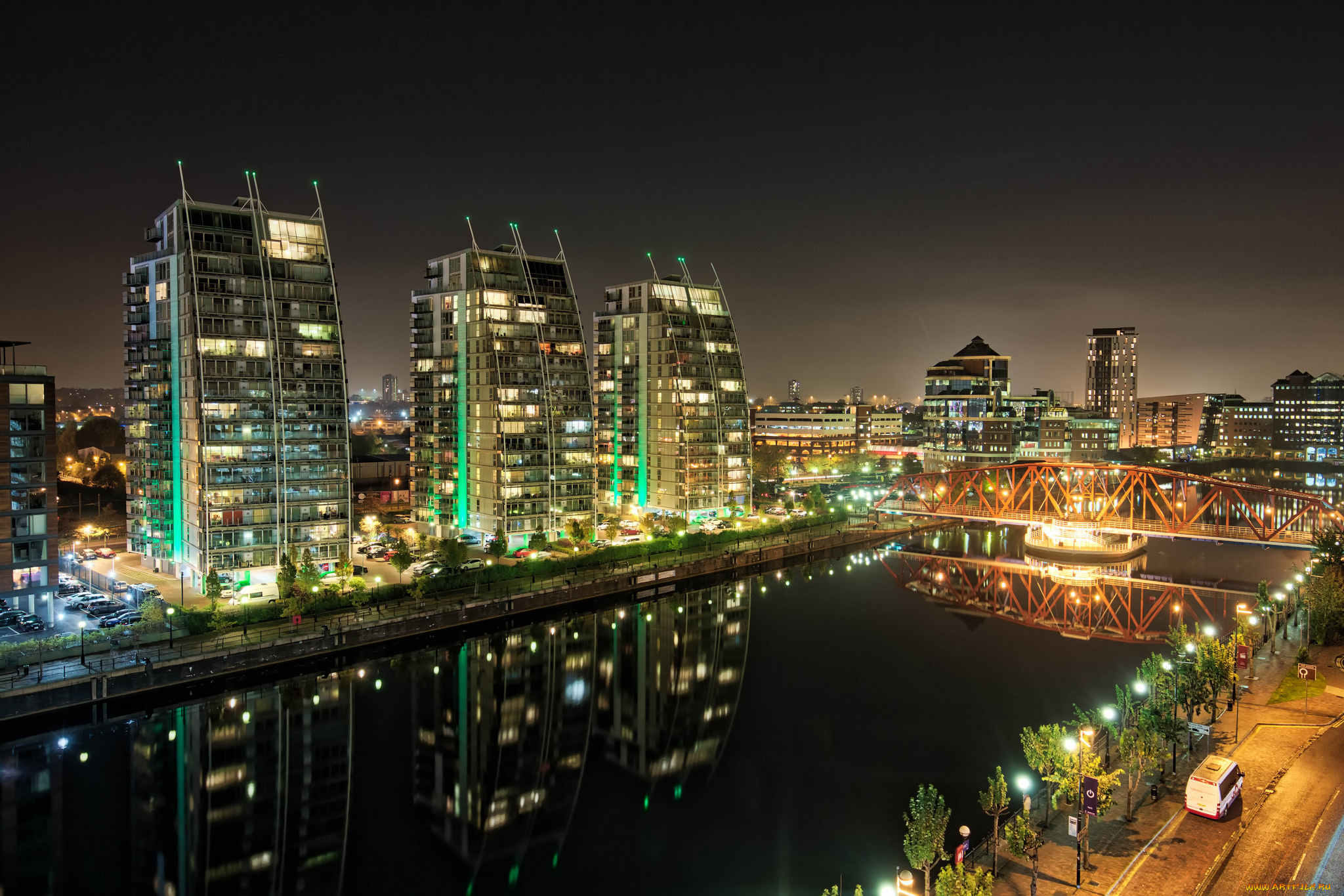 huron, basin, -, salford, quays, города, -, огни, ночного, города, огни, ночь