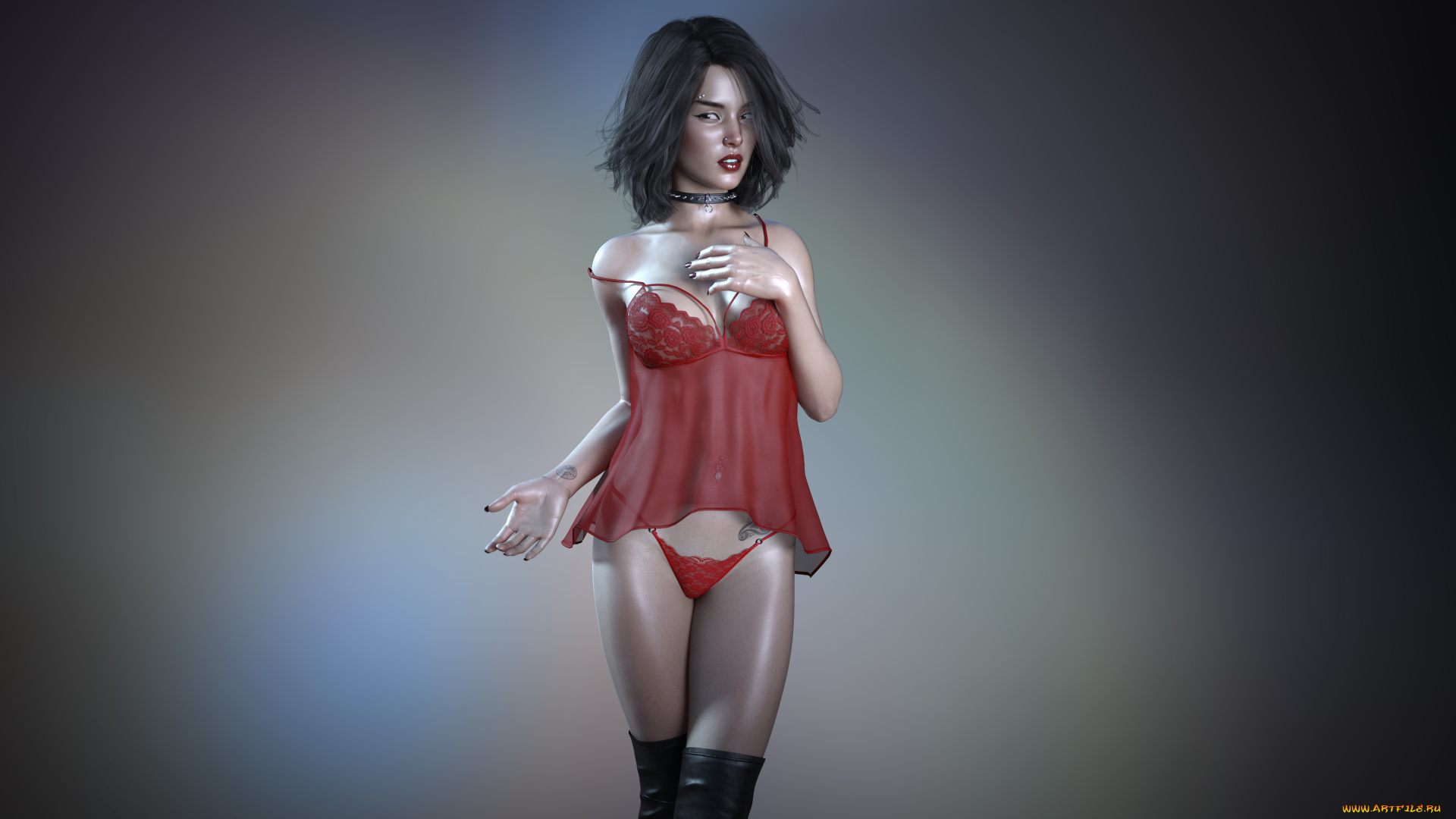 3д, графика, люди, , people, пеньюар, тату, взгляд, фон, девушка, пирсинг