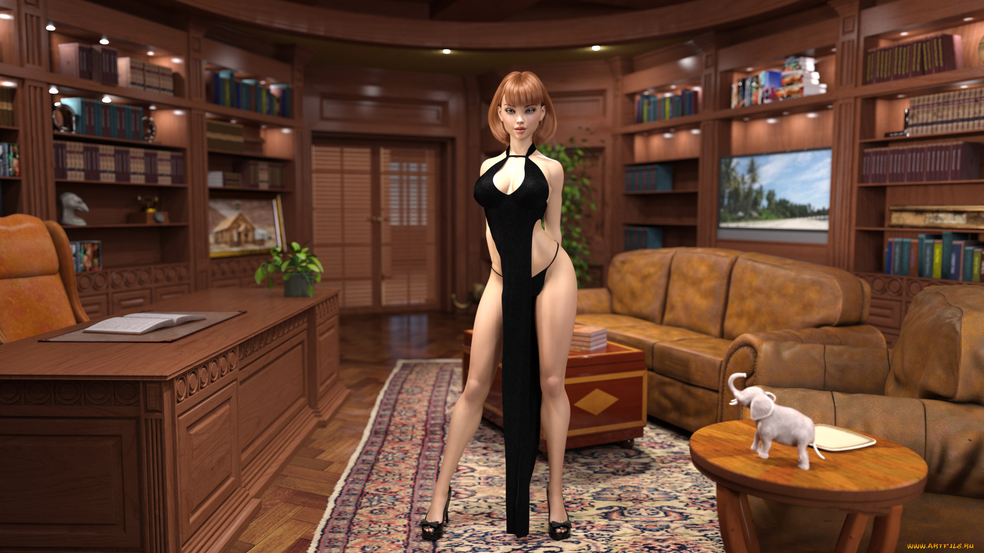 3д, графика, люди, , people, слон, обстановка, девушка, фон, взгляд, комната, платье