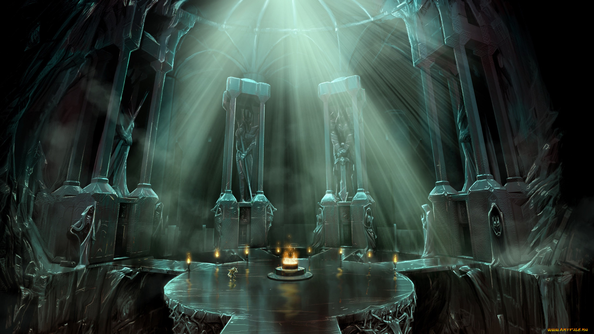 видео, игры, overlord, статуи, огонь, свет, зал