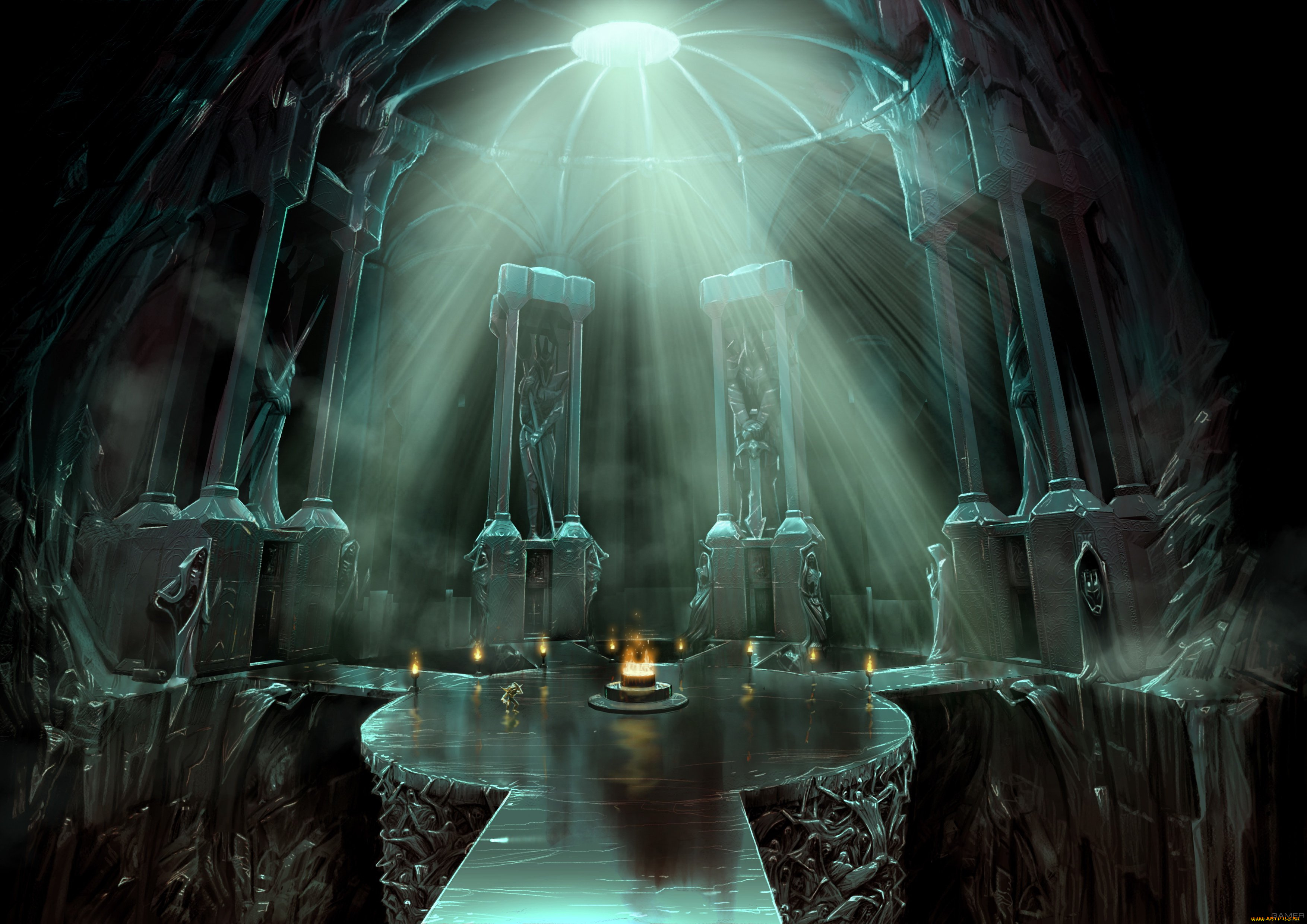 видео, игры, overlord, статуи, огонь, свет, зал