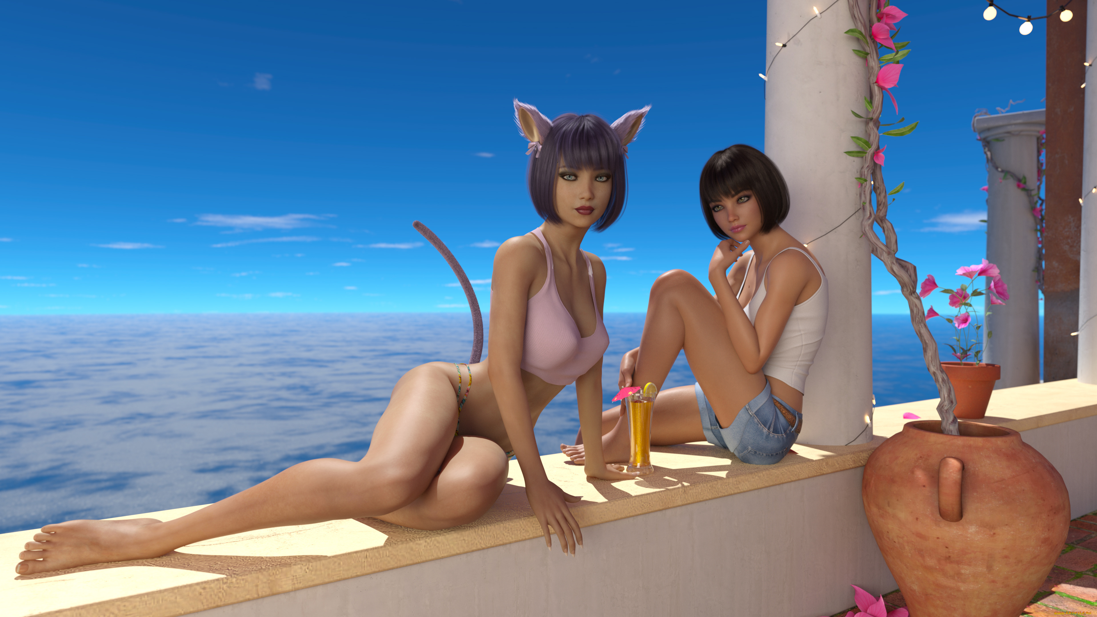 3д, графика, фантазия, , fantasy, девушки, колонна, хвост, море, ушки, взгляд, фон