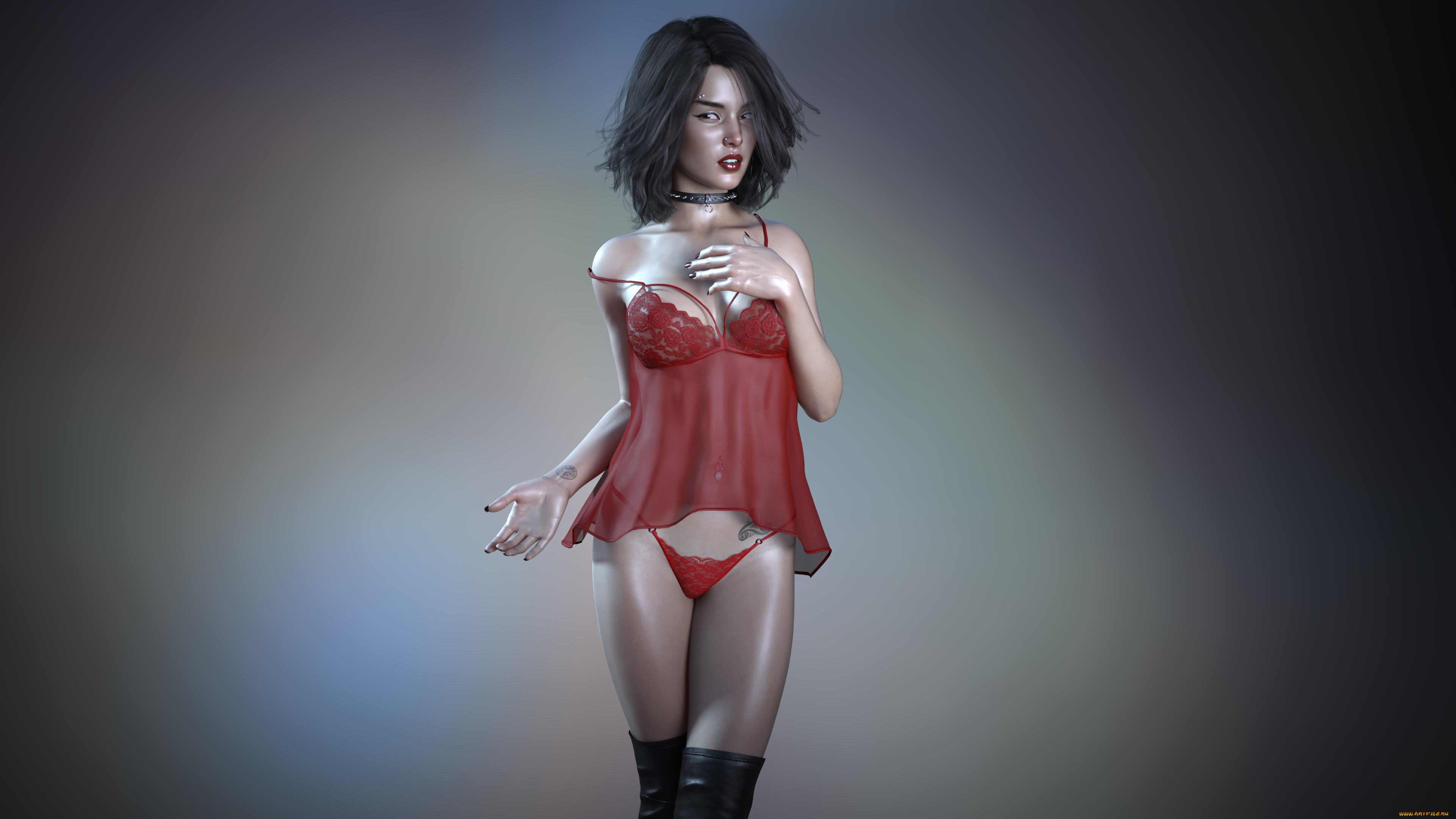 3д, графика, люди, , people, пеньюар, тату, взгляд, фон, девушка, пирсинг