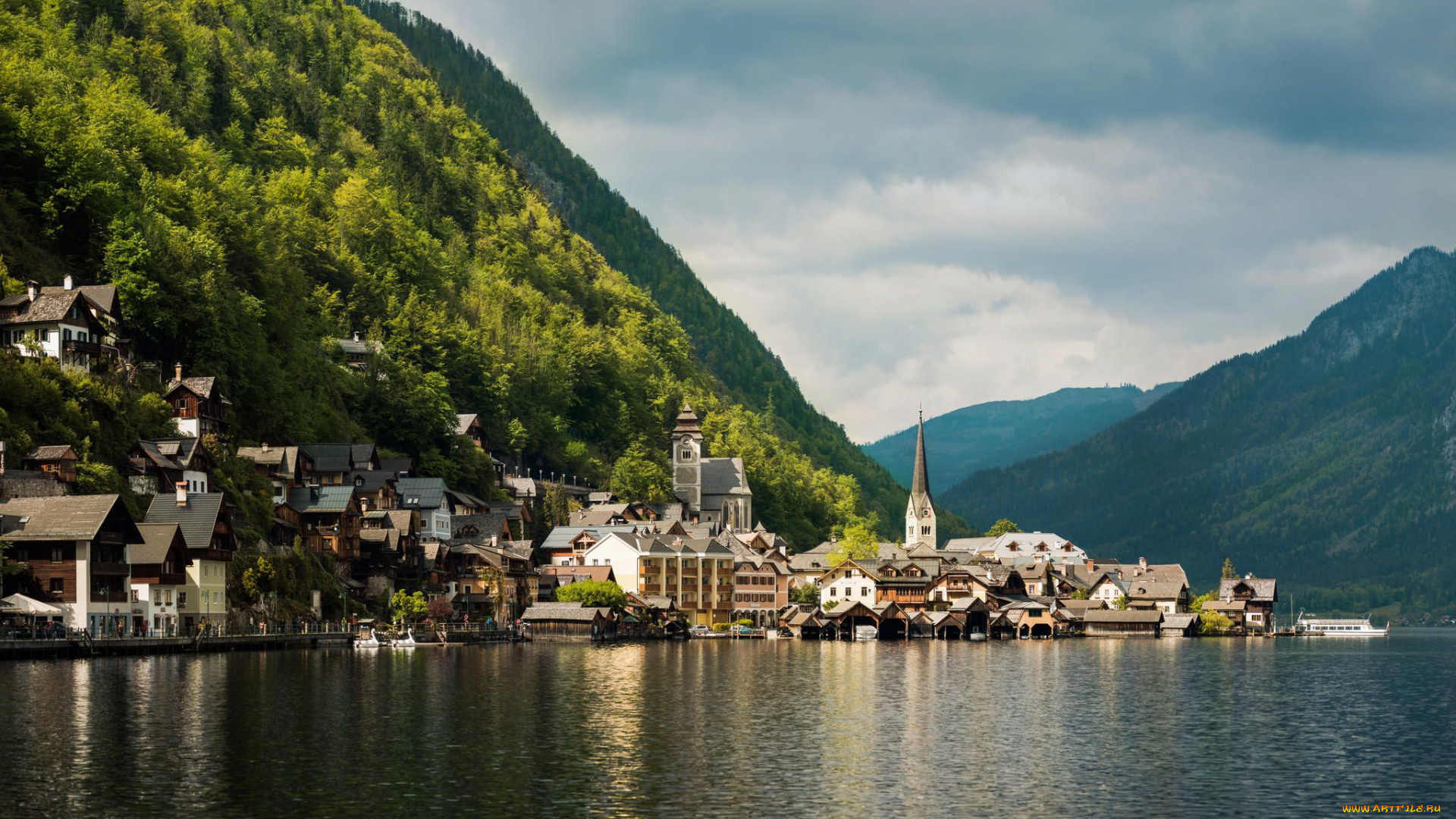 города, гальштат, , австрия, горы, озеро