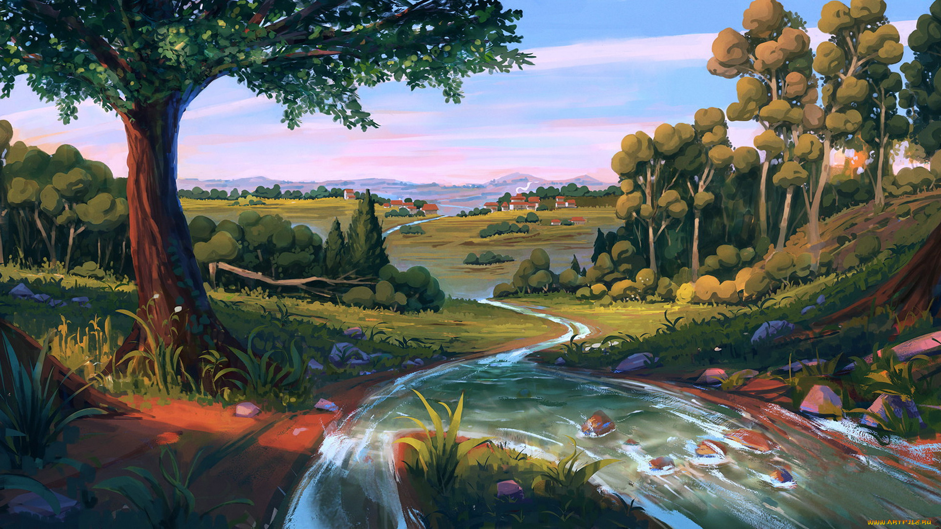 рисованное, денис, истомин, лес, ручей, долина, дома