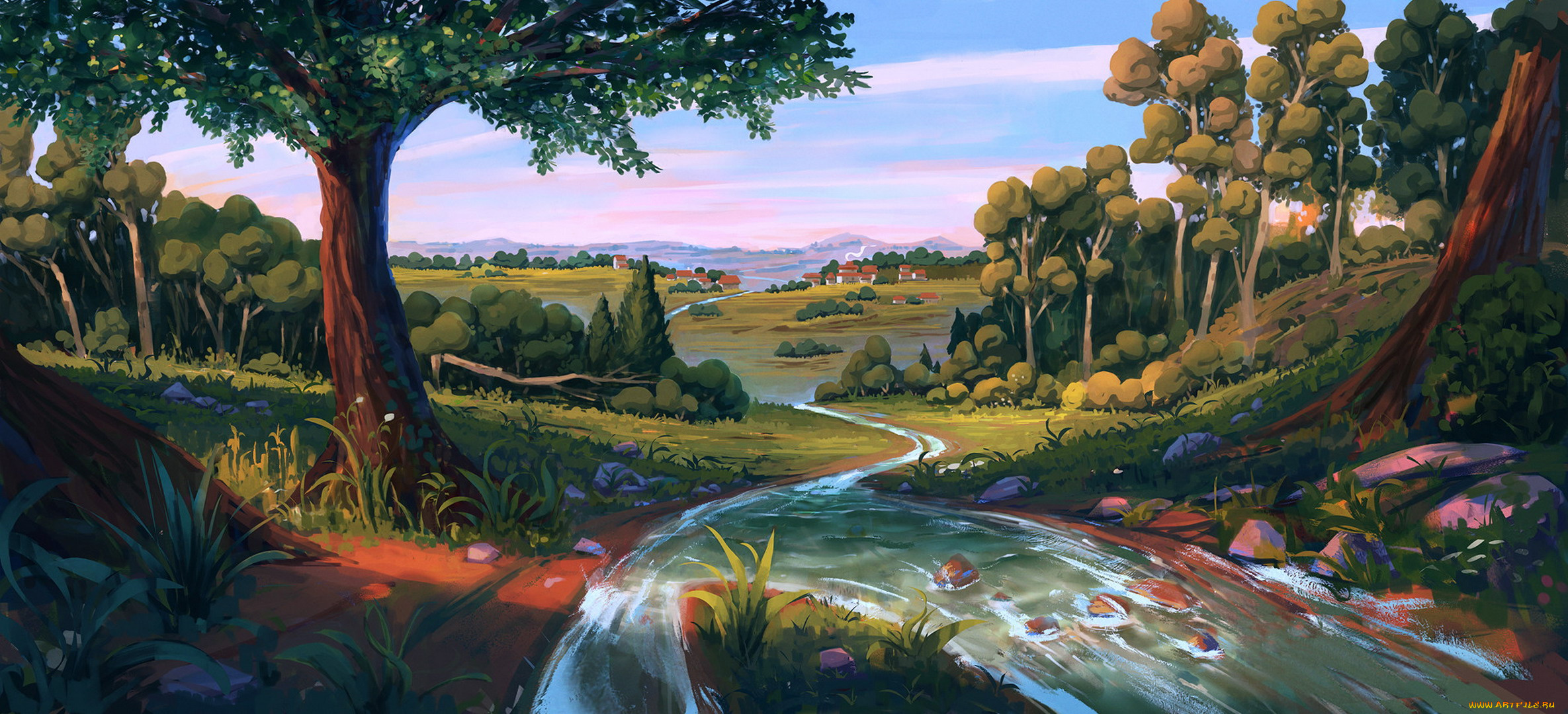 рисованное, денис, истомин, лес, ручей, долина, дома