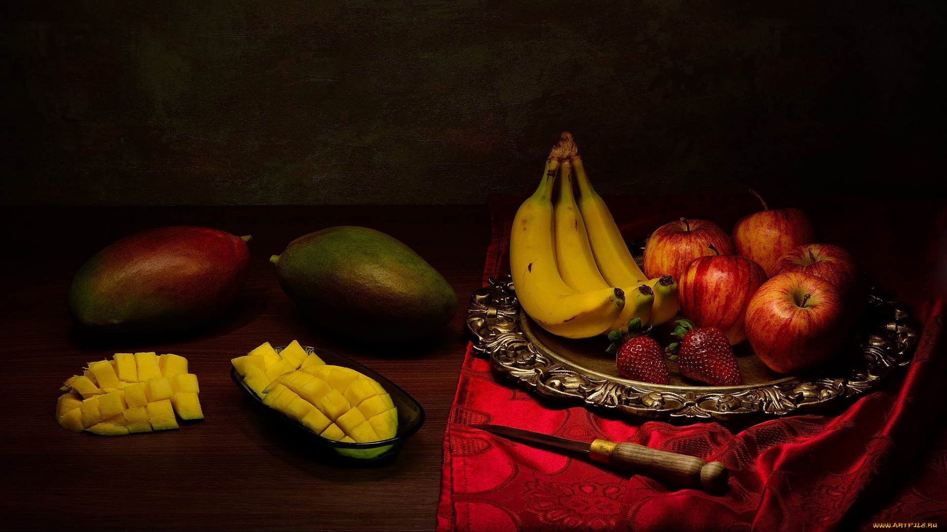 еда, фрукты, , ягоды, клубника, манго, яблоки, бананы