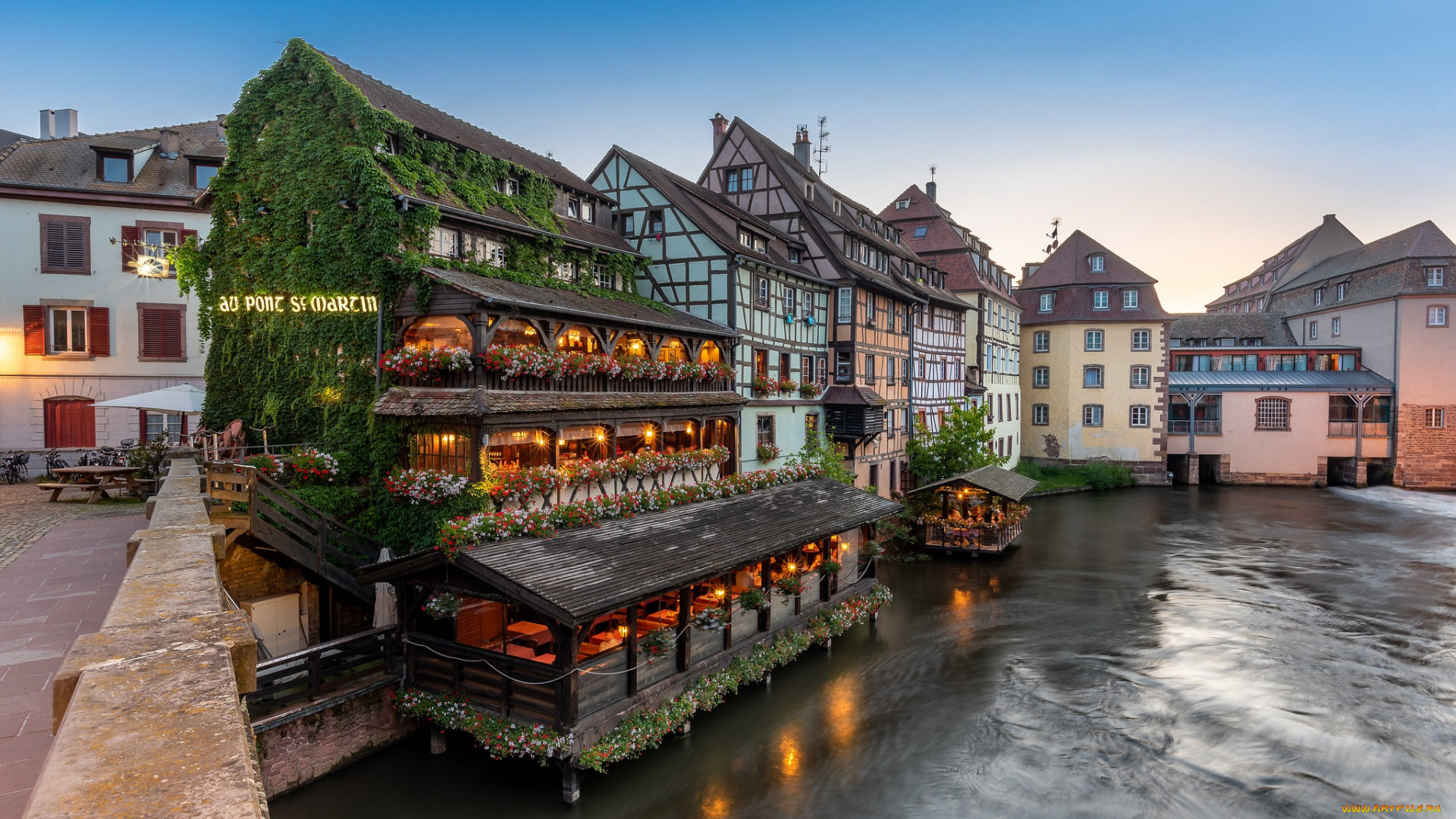 города, страсбург, , франция, канал, дома, кафе, вечер