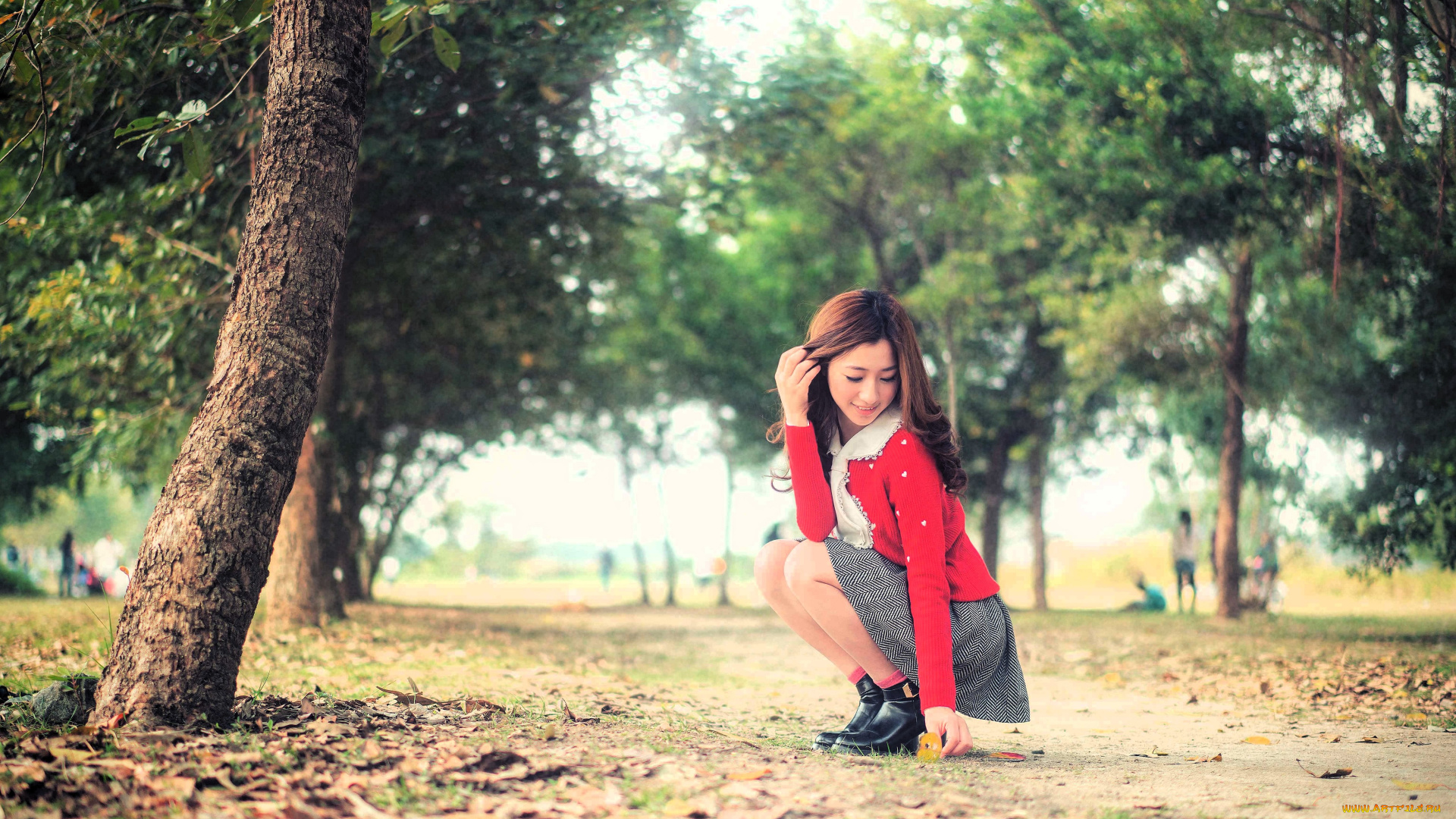 девушки, -, азиатки, шатенка, кофта, юбка, ботинки, листья, деревья