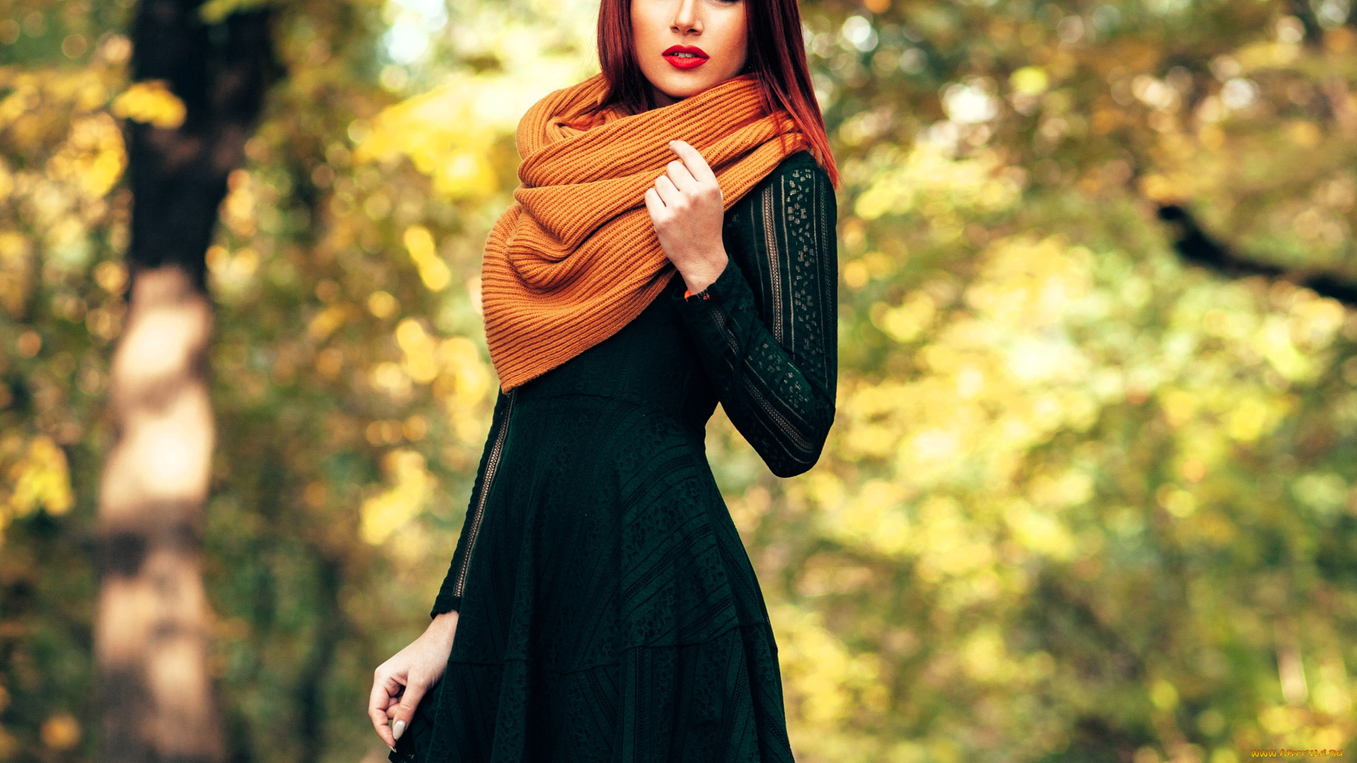 девушки, -, рыжеволосые, и, разноцветные, красные, волосы, шарф, платье, деревья