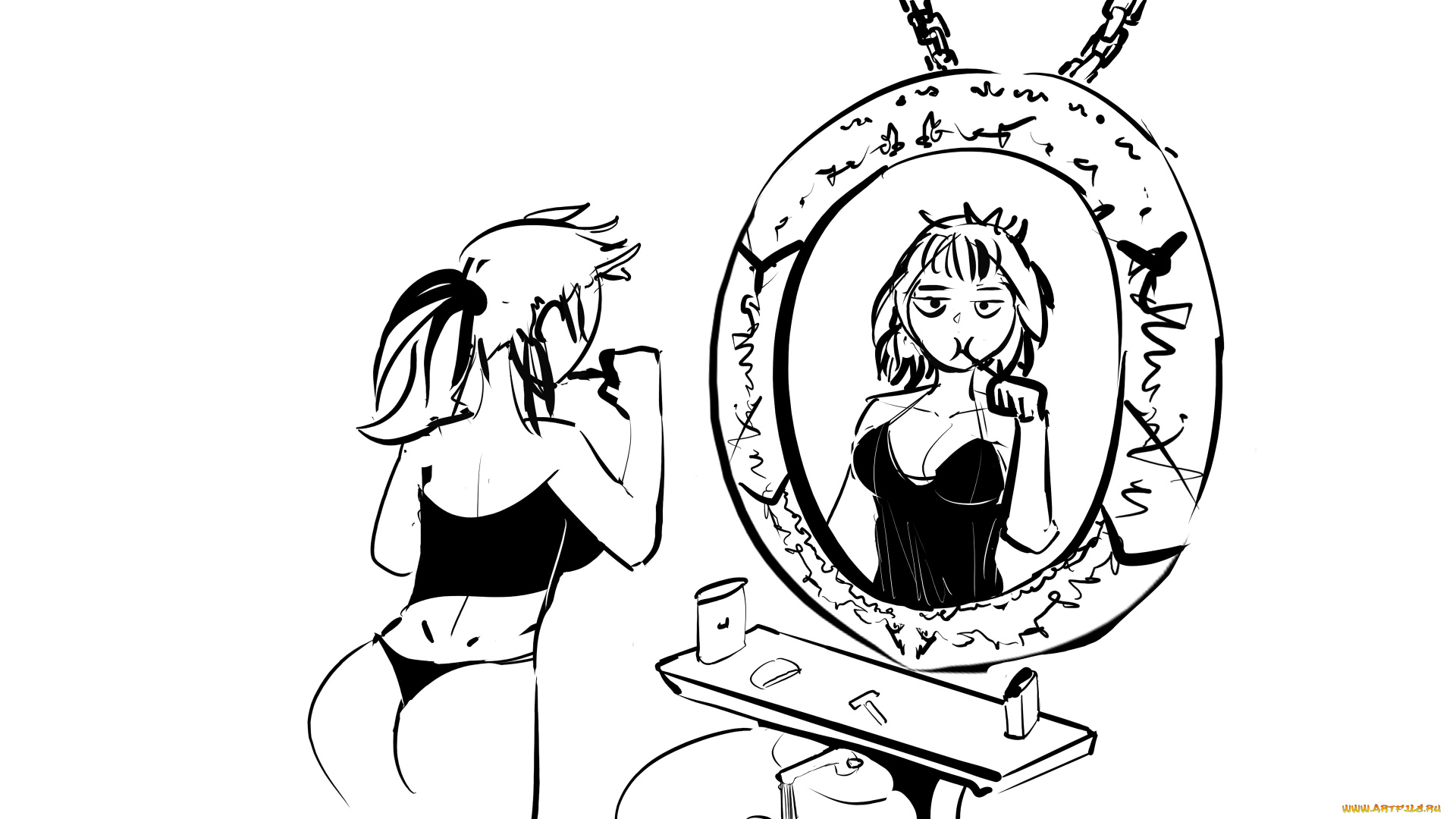 рисованное, люди, девушка, зеркало