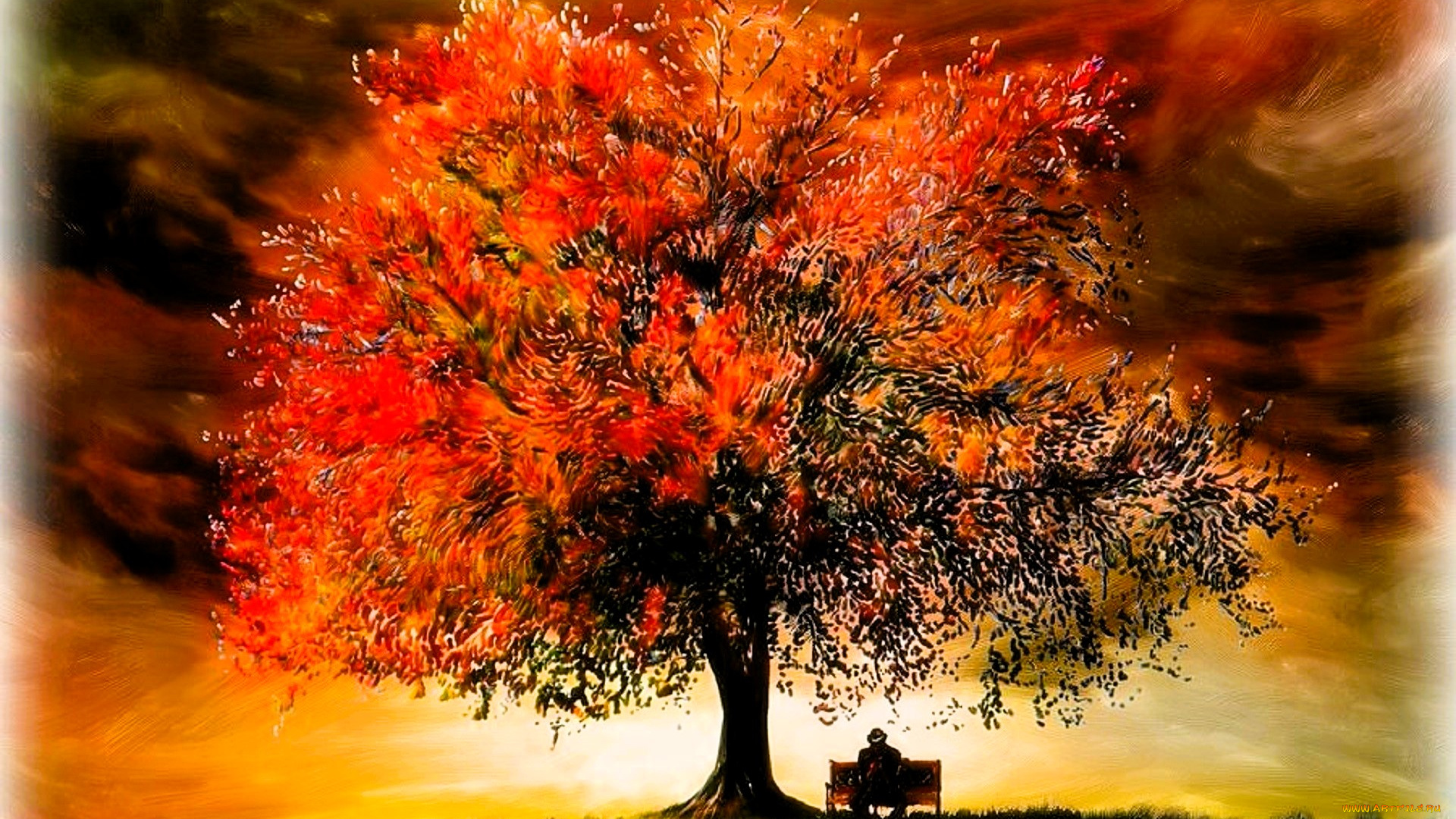 рисованное, праздники, дерево, скамейка, человек, закат, осень