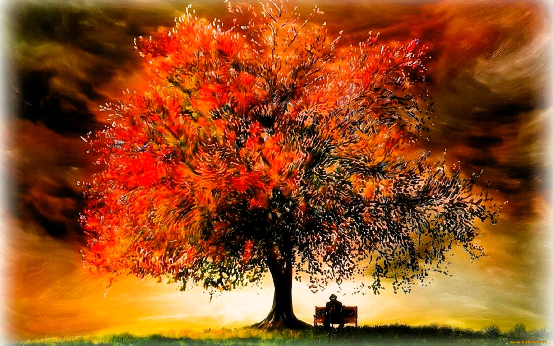 рисованное, праздники, дерево, скамейка, человек, закат, осень