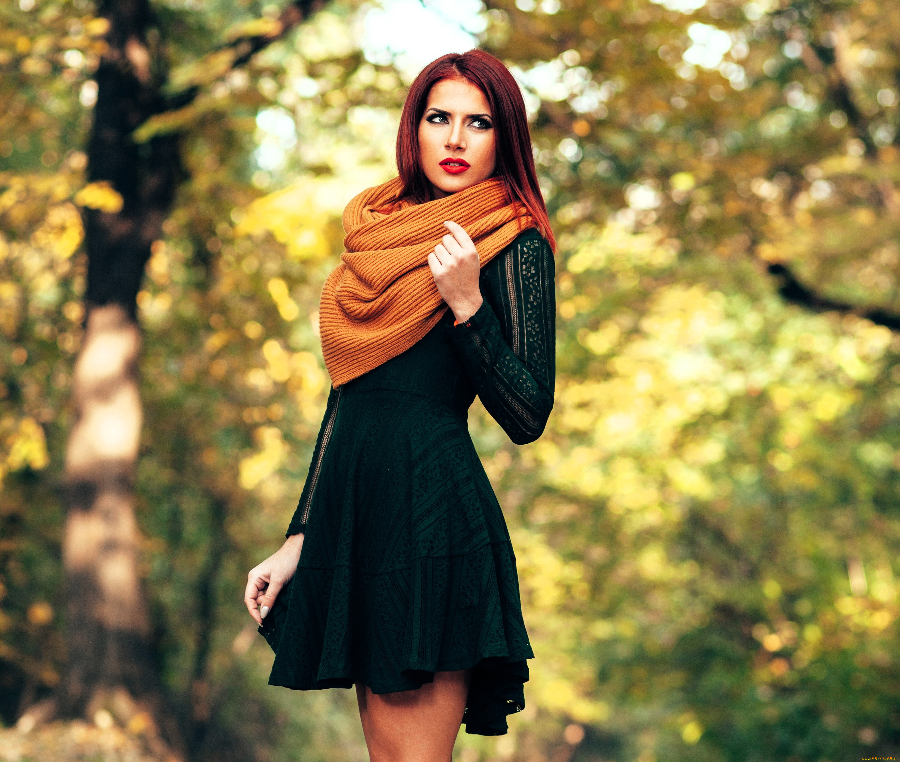 девушки, -, рыжеволосые, и, разноцветные, красные, волосы, шарф, платье, деревья