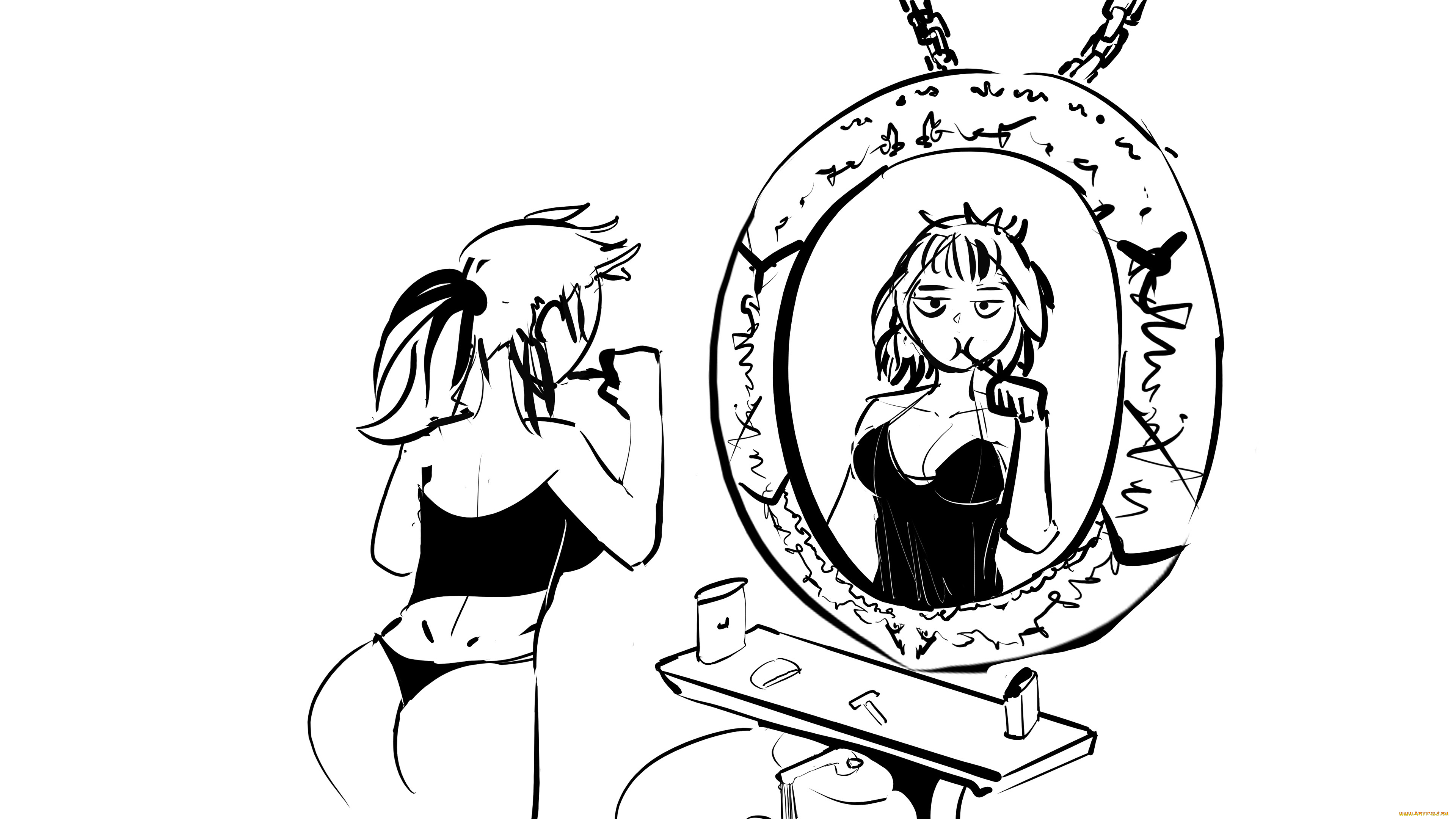 рисованное, люди, девушка, зеркало